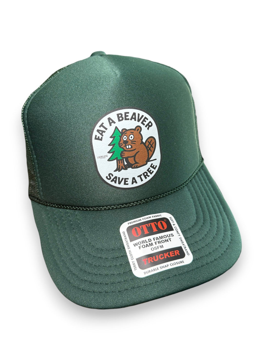 Luckless Outfitters Eat A Beaver Save A Tree Trucker Hat — main product shot