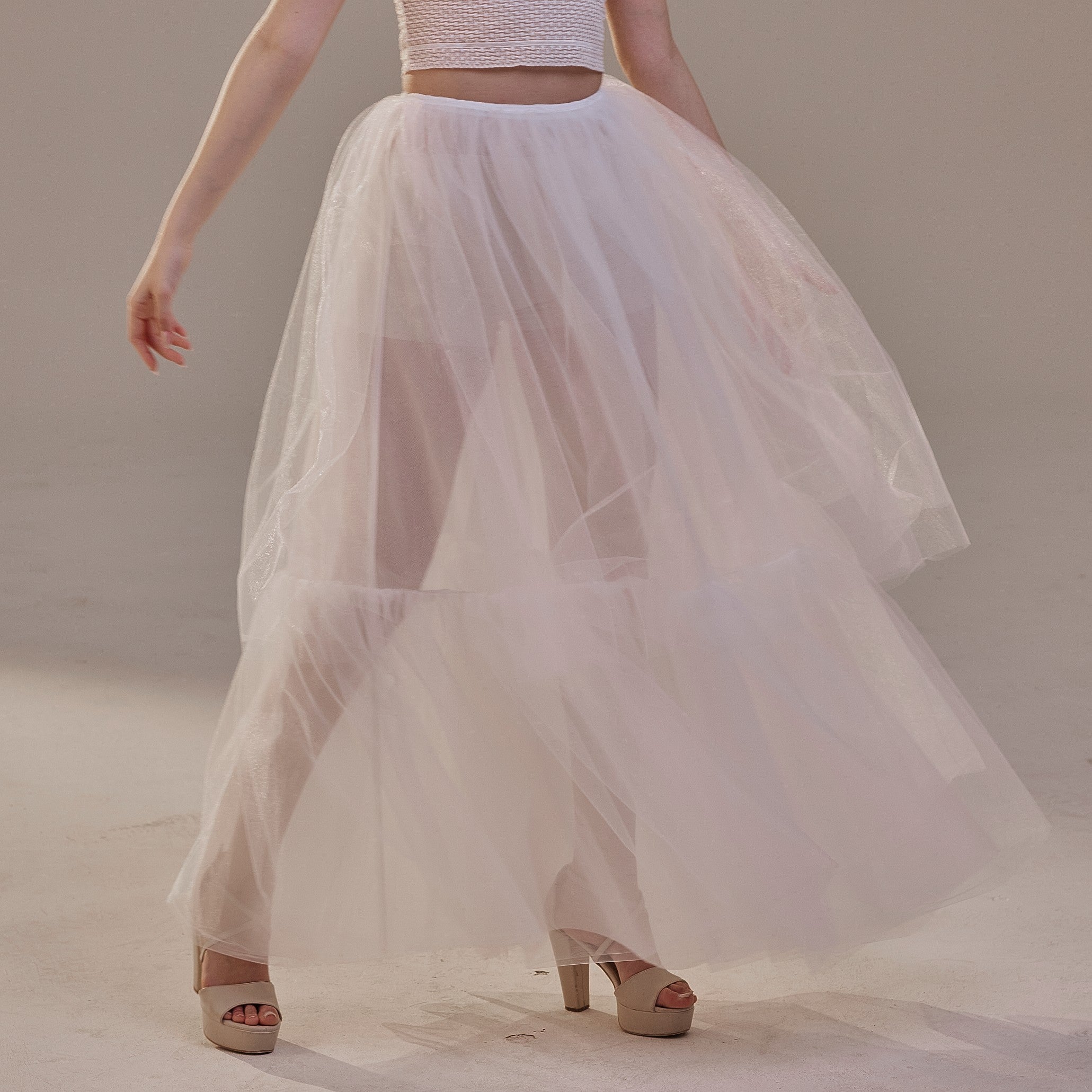 Elegant Double Tulle Skirt , Double Layer Soft White Tulle Skirt for Women, Sheer Maxi Overskirt – Bridal Port, view 10
