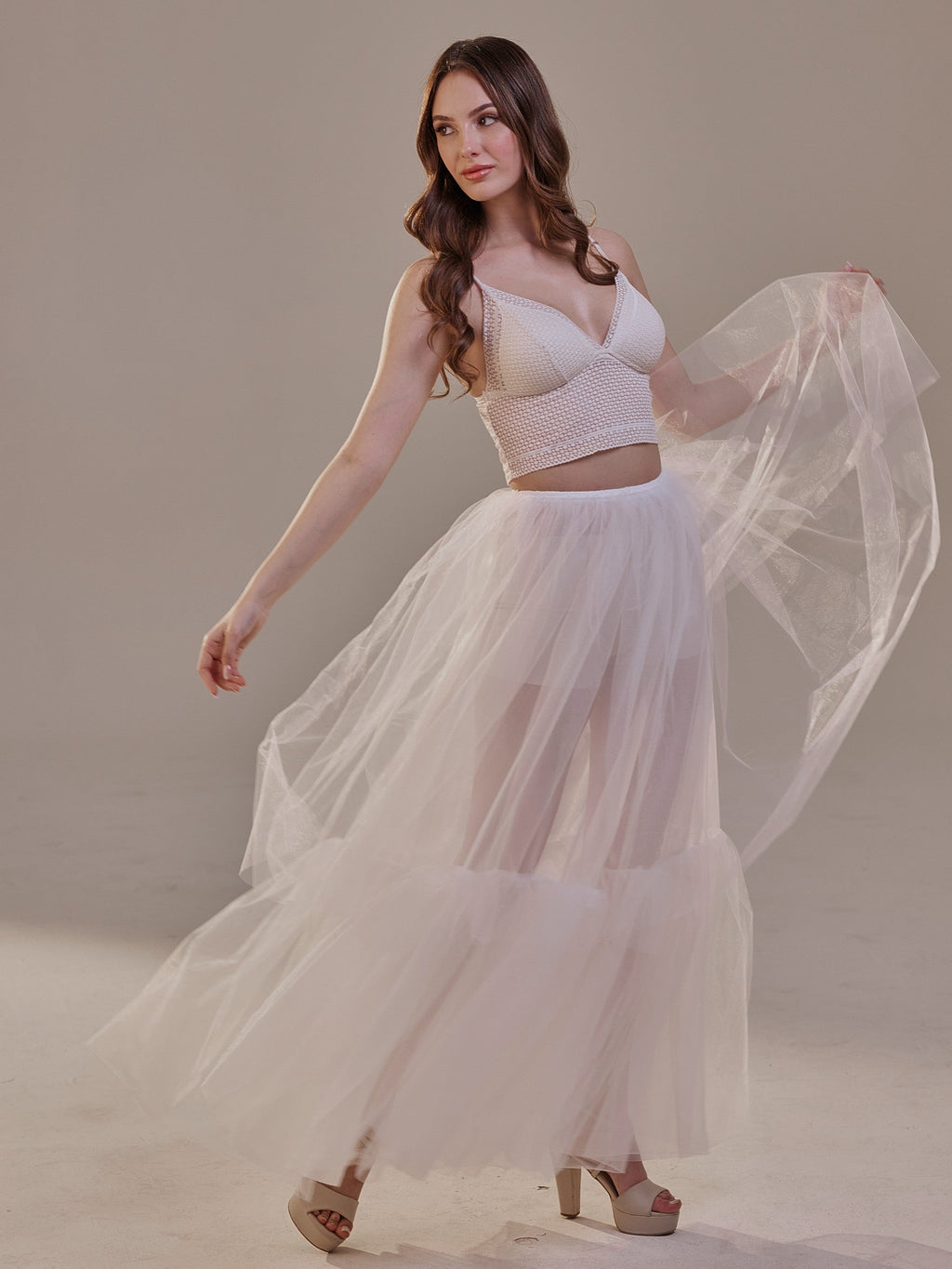 Elegant Double Tulle Skirt , Double Layer Soft White Tulle Skirt for Women, Sheer Maxi Overskirt – Bridal Port, view 11