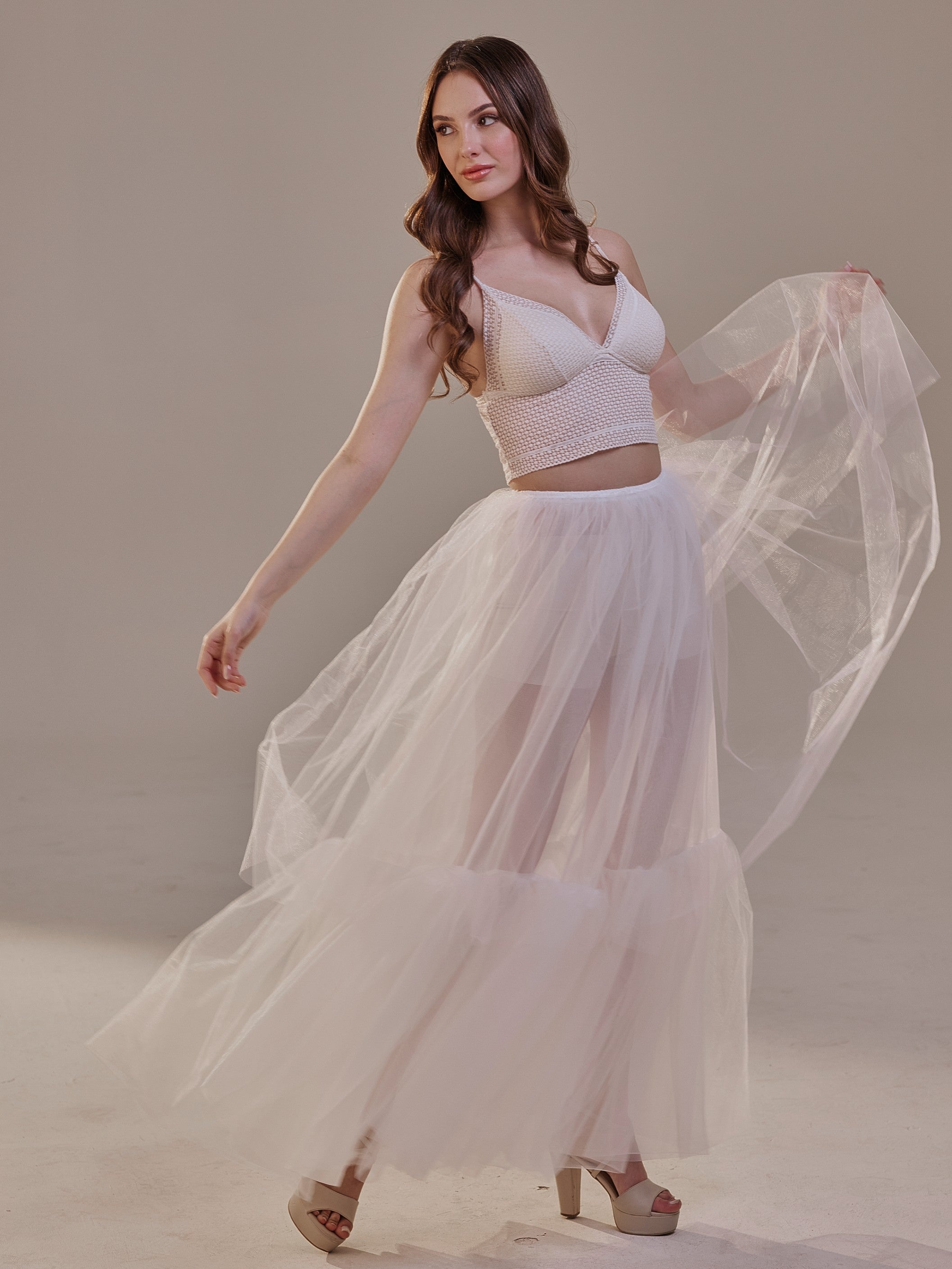 Elegant Double Tulle Skirt , Double Layer Soft White Tulle Skirt for Women, Sheer Maxi Overskirt – Bridal Port, view 11