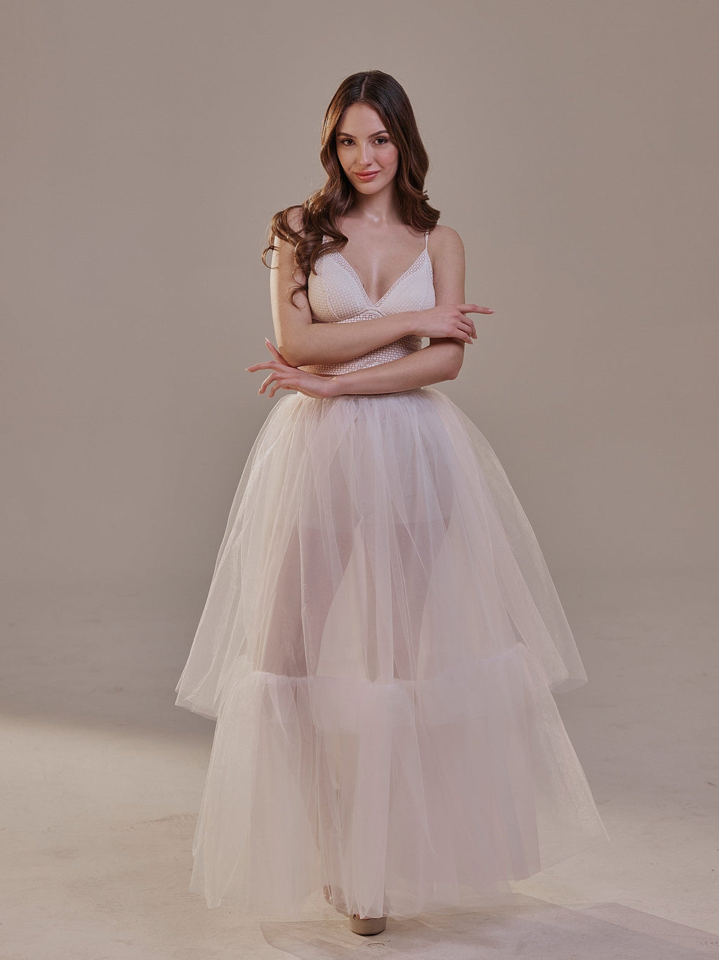 Elegant Double Tulle Skirt , Double Layer Soft White Tulle Skirt for Women, Sheer Maxi Overskirt – Bridal Port, view 3