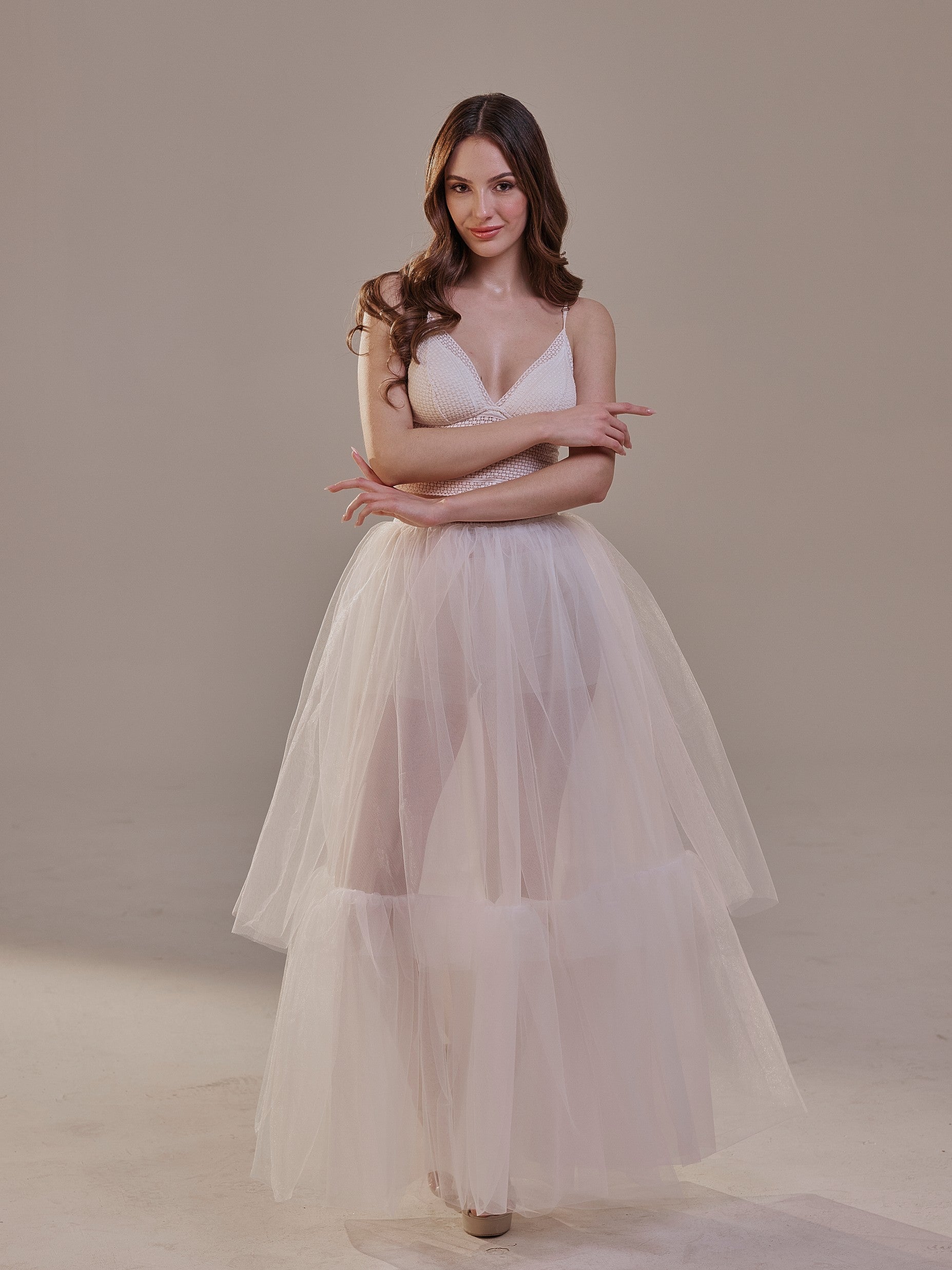 Elegant Double Tulle Skirt , Double Layer Soft White Tulle Skirt for Women, Sheer Maxi Overskirt – Bridal Port, view 3