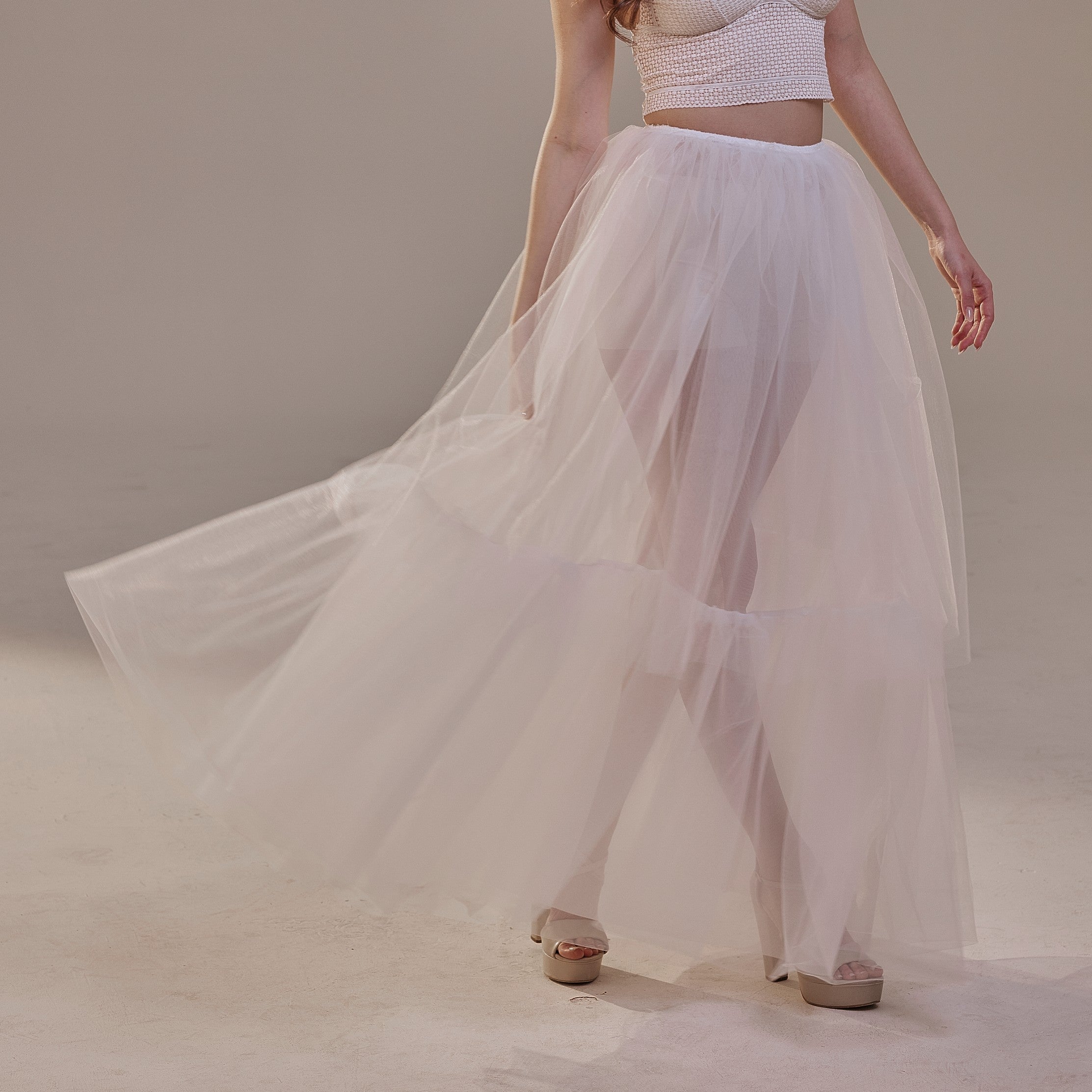 Elegant Double Tulle Skirt , Double Layer Soft White Tulle Skirt for Women, Sheer Maxi Overskirt – Bridal Port, view 4