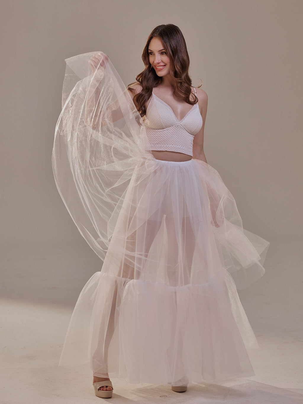 Elegant Double Tulle Skirt , Double Layer Soft White Tulle Skirt for Women, Sheer Maxi Overskirt – Bridal Port, view 5