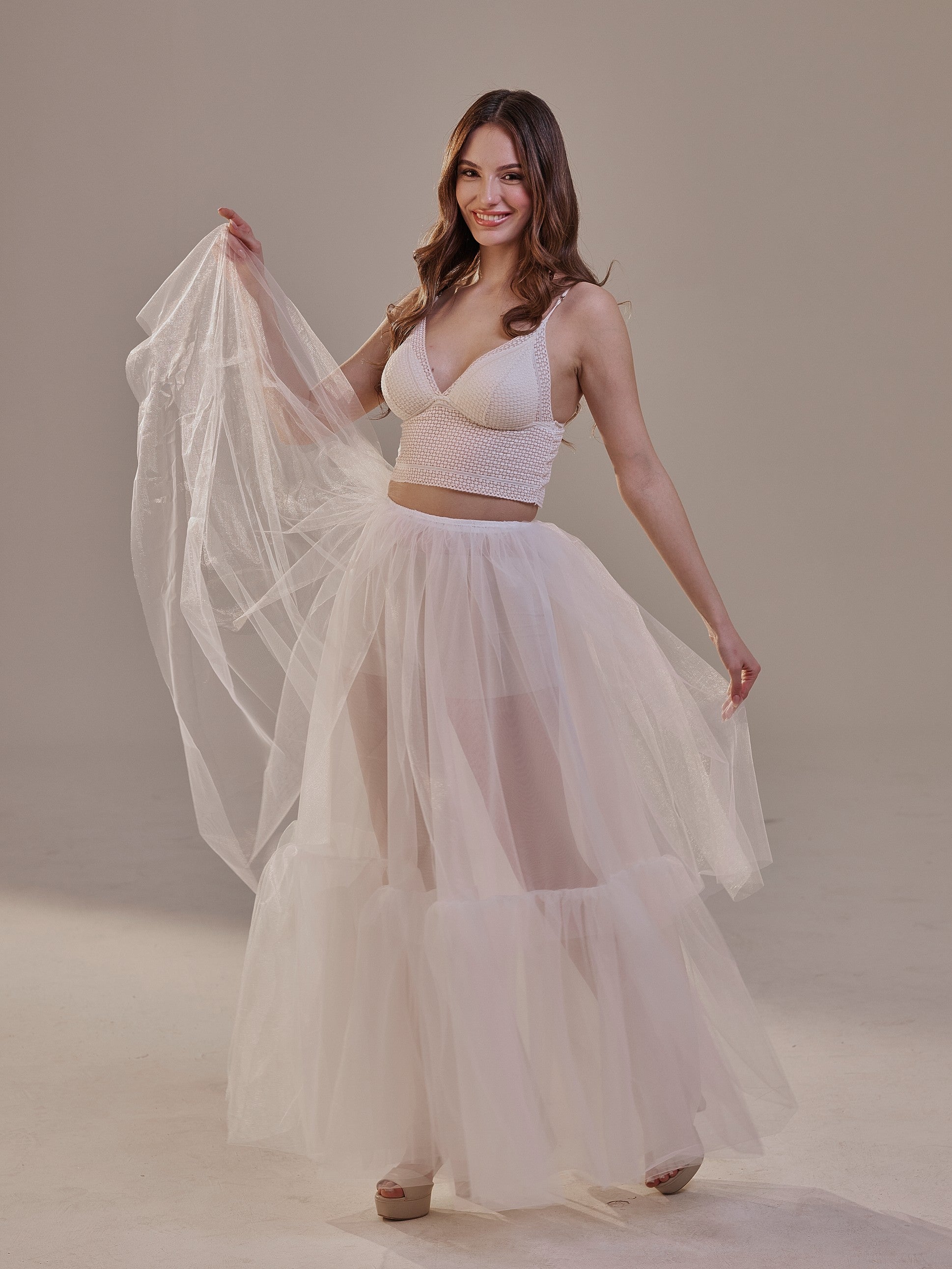 Elegant Double Tulle Skirt , Double Layer Soft White Tulle Skirt for Women, Sheer Maxi Overskirt – Bridal Port, view 7