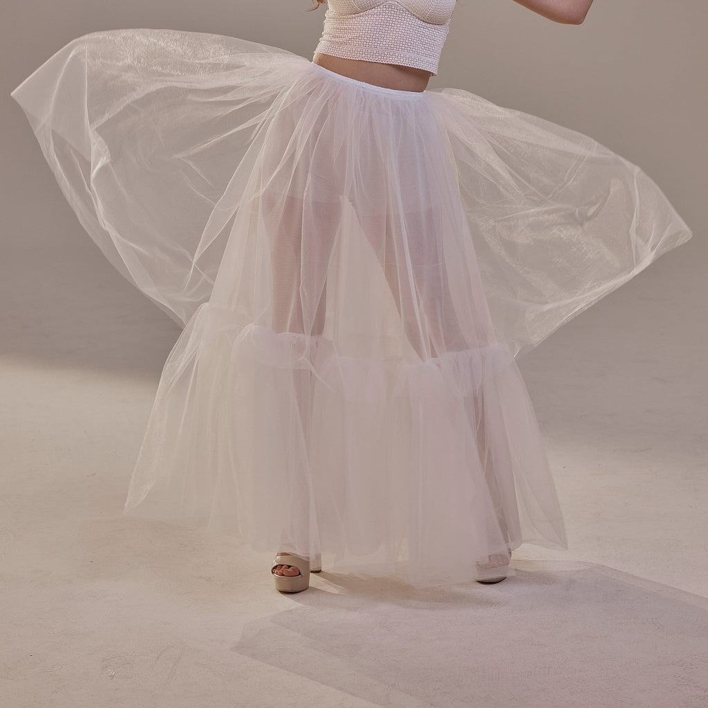 Elegant Double Tulle Skirt , Double Layer Soft White Tulle Skirt for Women, Sheer Maxi Overskirt – Bridal Port, view 8