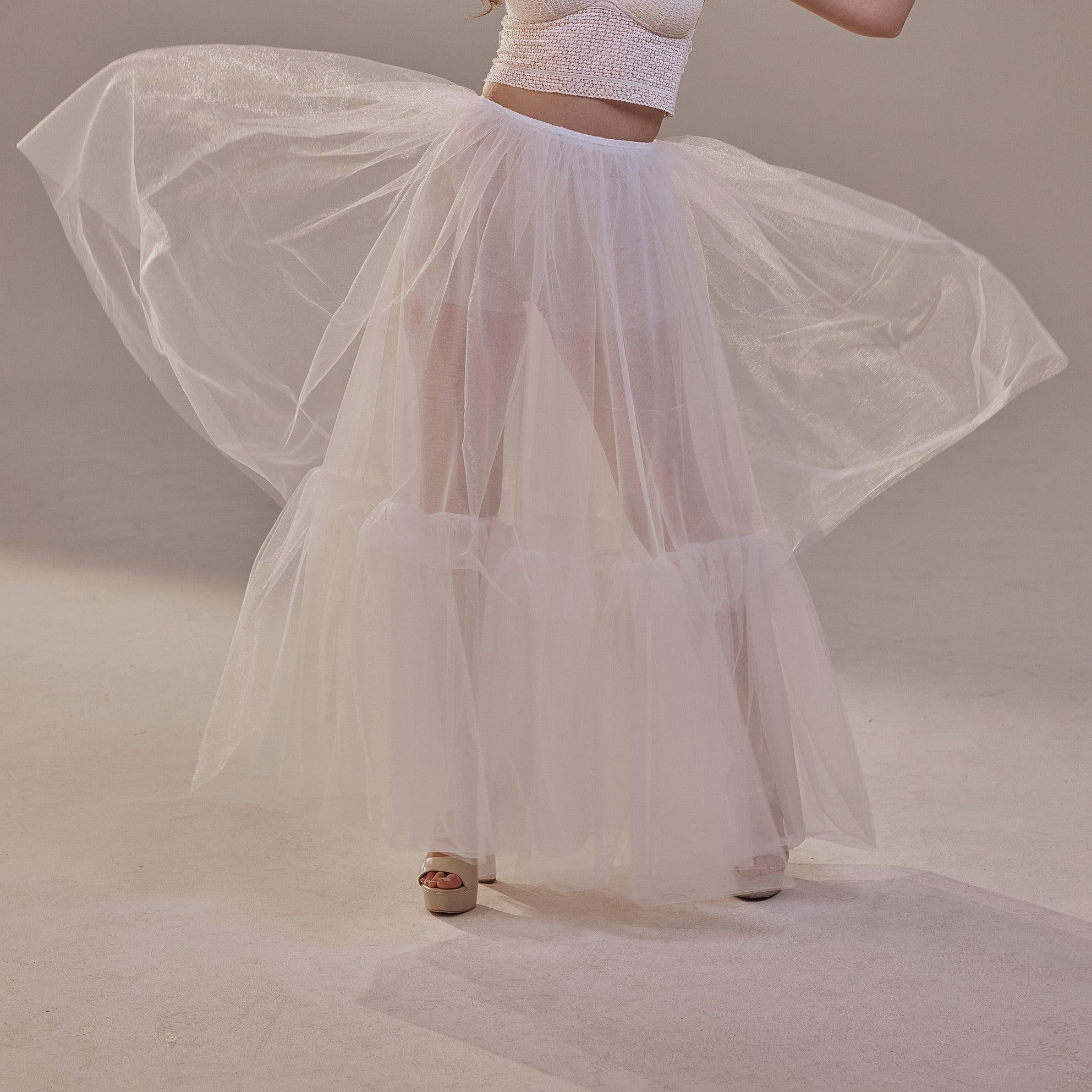 Elegant Double Tulle Skirt , Double Layer Soft White Tulle Skirt for Women, Sheer Maxi Overskirt – Bridal Port, view 8