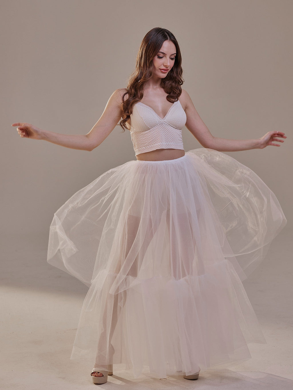 Elegant Double Tulle Skirt , Double Layer Soft White Tulle Skirt for Women, Sheer Maxi Overskirt – Bridal Port, view 9