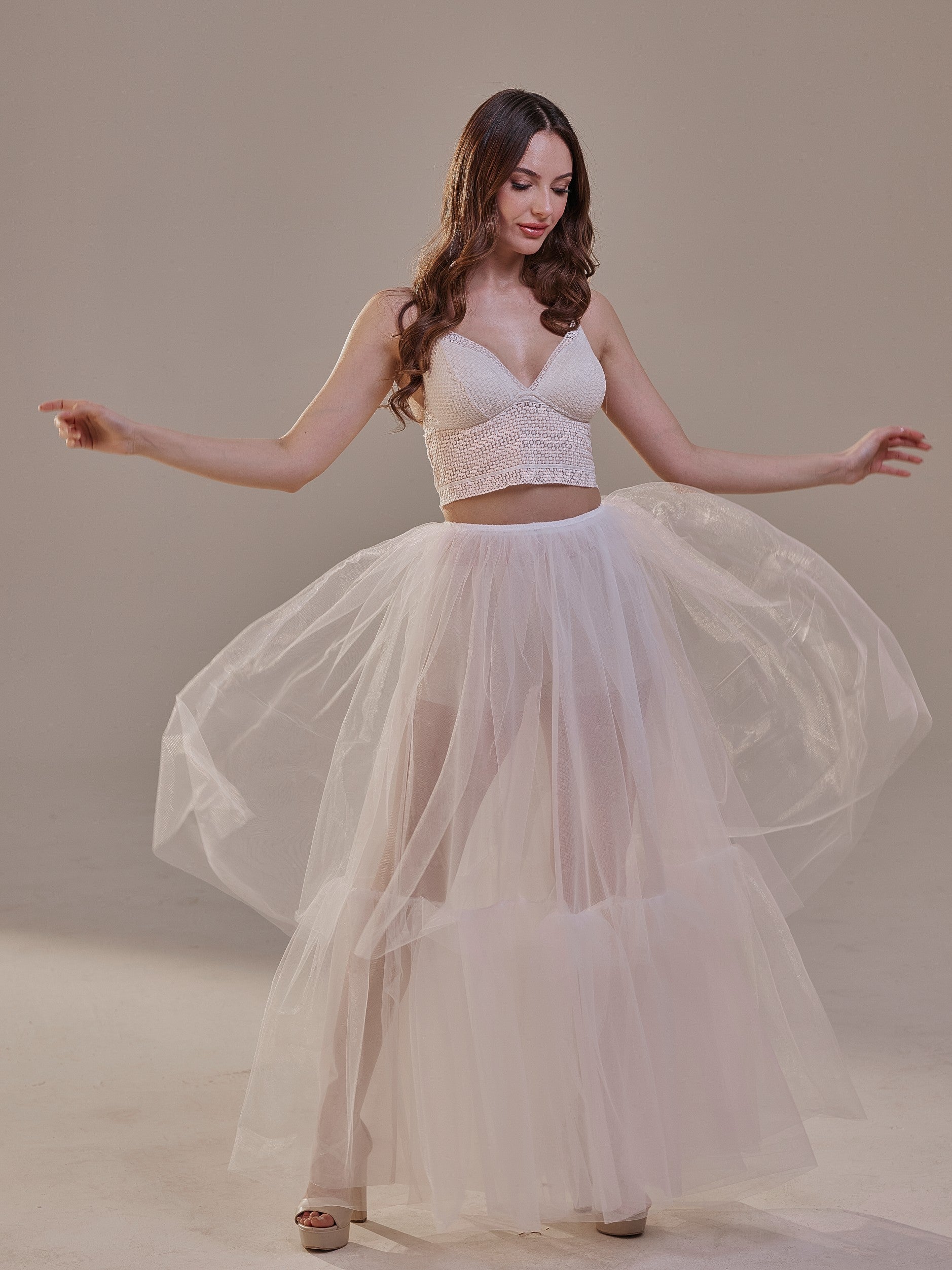 Elegant Double Tulle Skirt , Double Layer Soft White Tulle Skirt for Women, Sheer Maxi Overskirt – Bridal Port, view 9