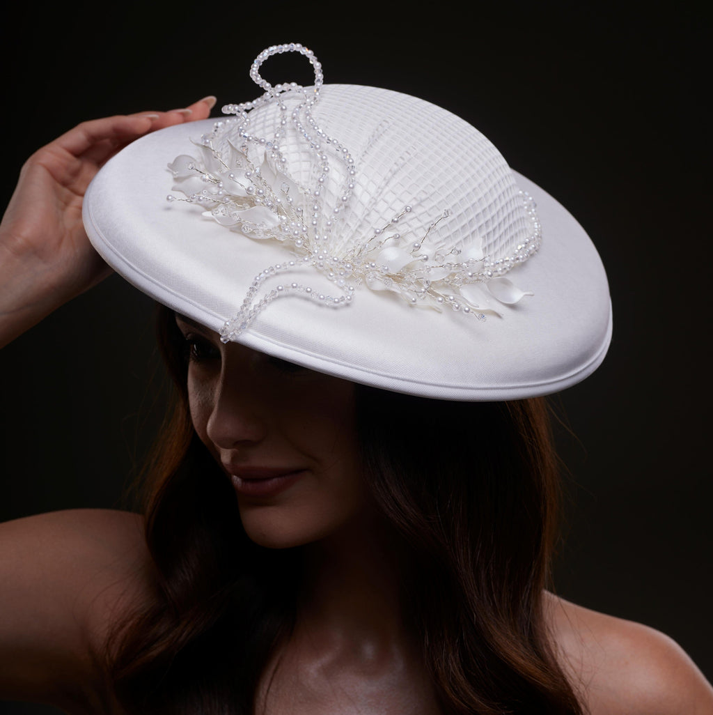 Elegant White Bridal Hat with Beaded Flower Detail – Bridal Port, view 6