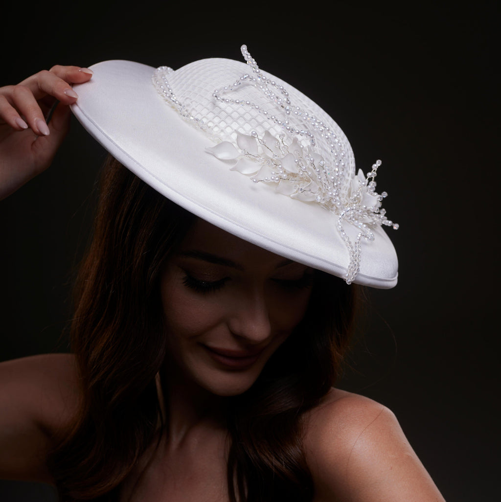 Elegant White Bridal Hat with Beaded Flower Detail – Bridal Port, view 5