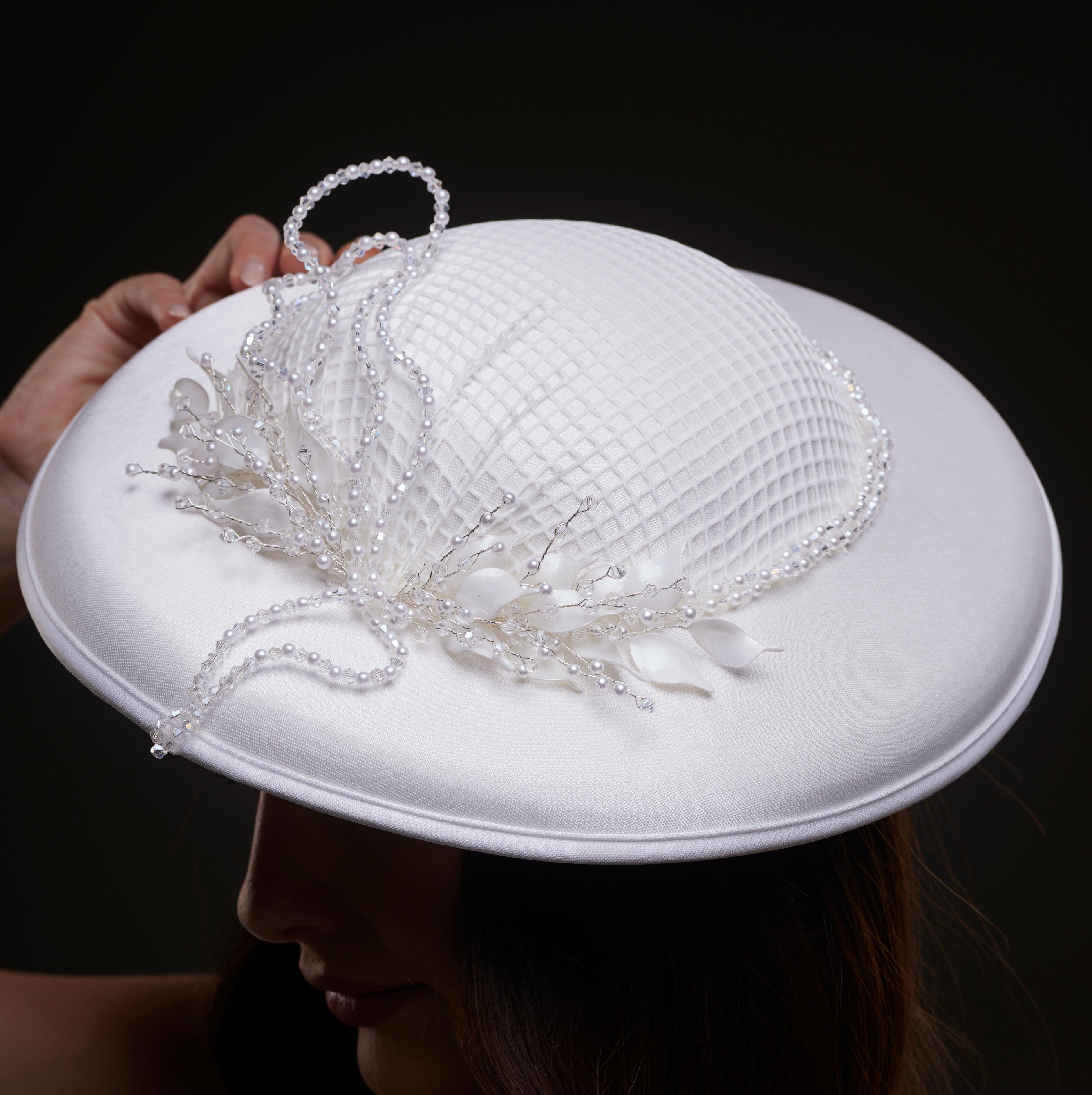 Elegant White Bridal Hat with Beaded Flower Detail – Bridal Port, view 7