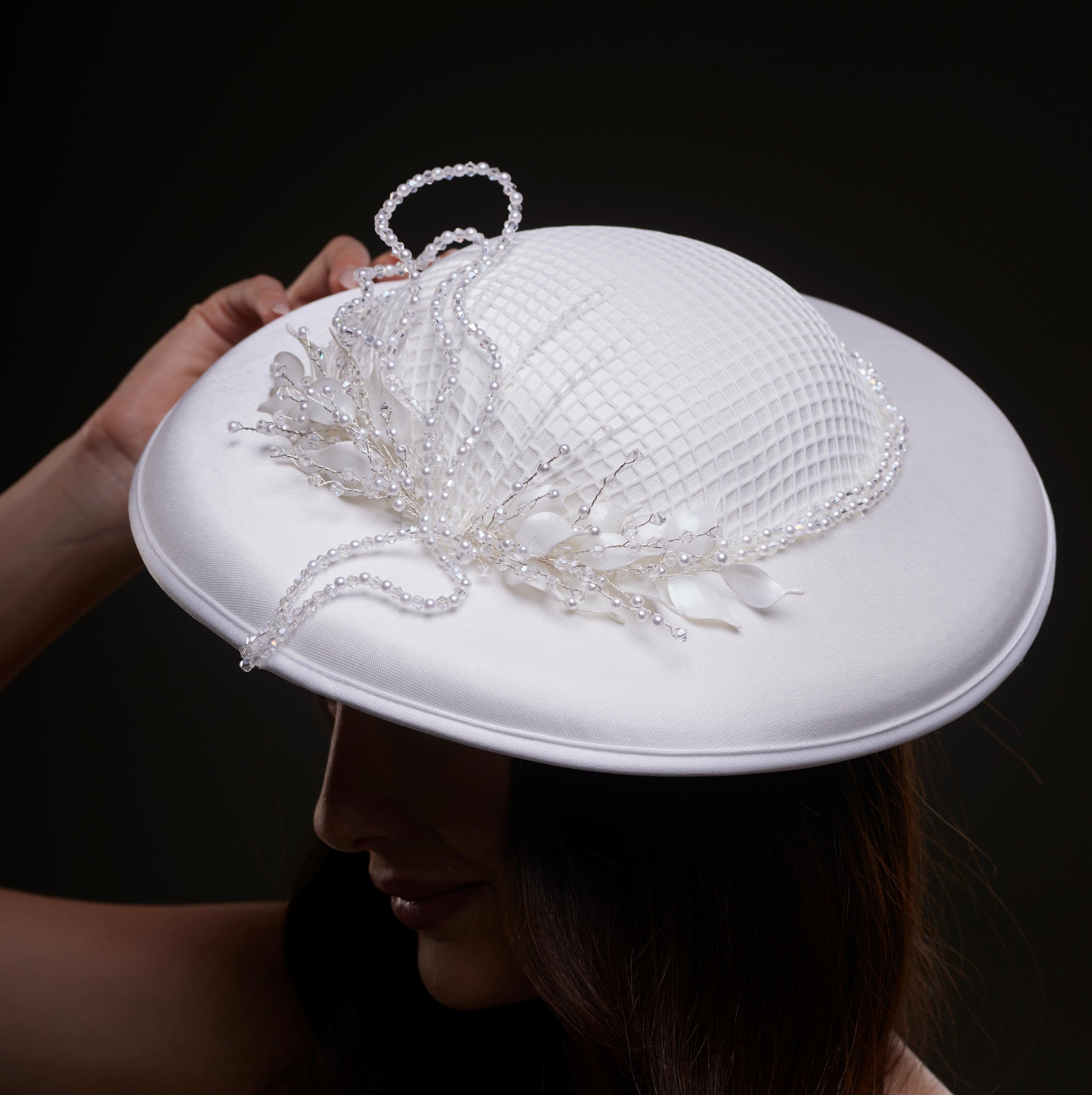 Elegant White Bridal Hat with Beaded Flower Detail – Bridal Port, view 8