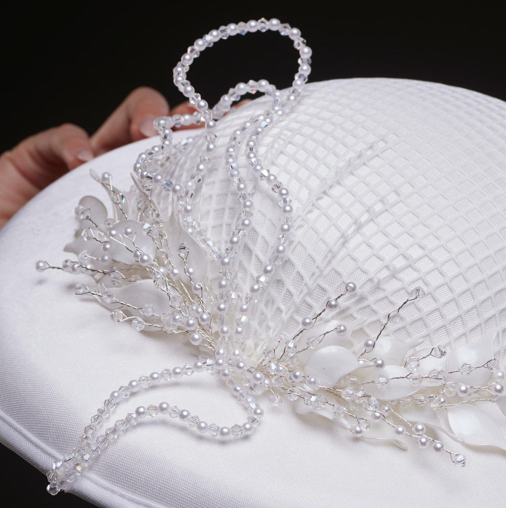 Elegant White Bridal Hat with Beaded Flower Detail – Bridal Port, view 2
