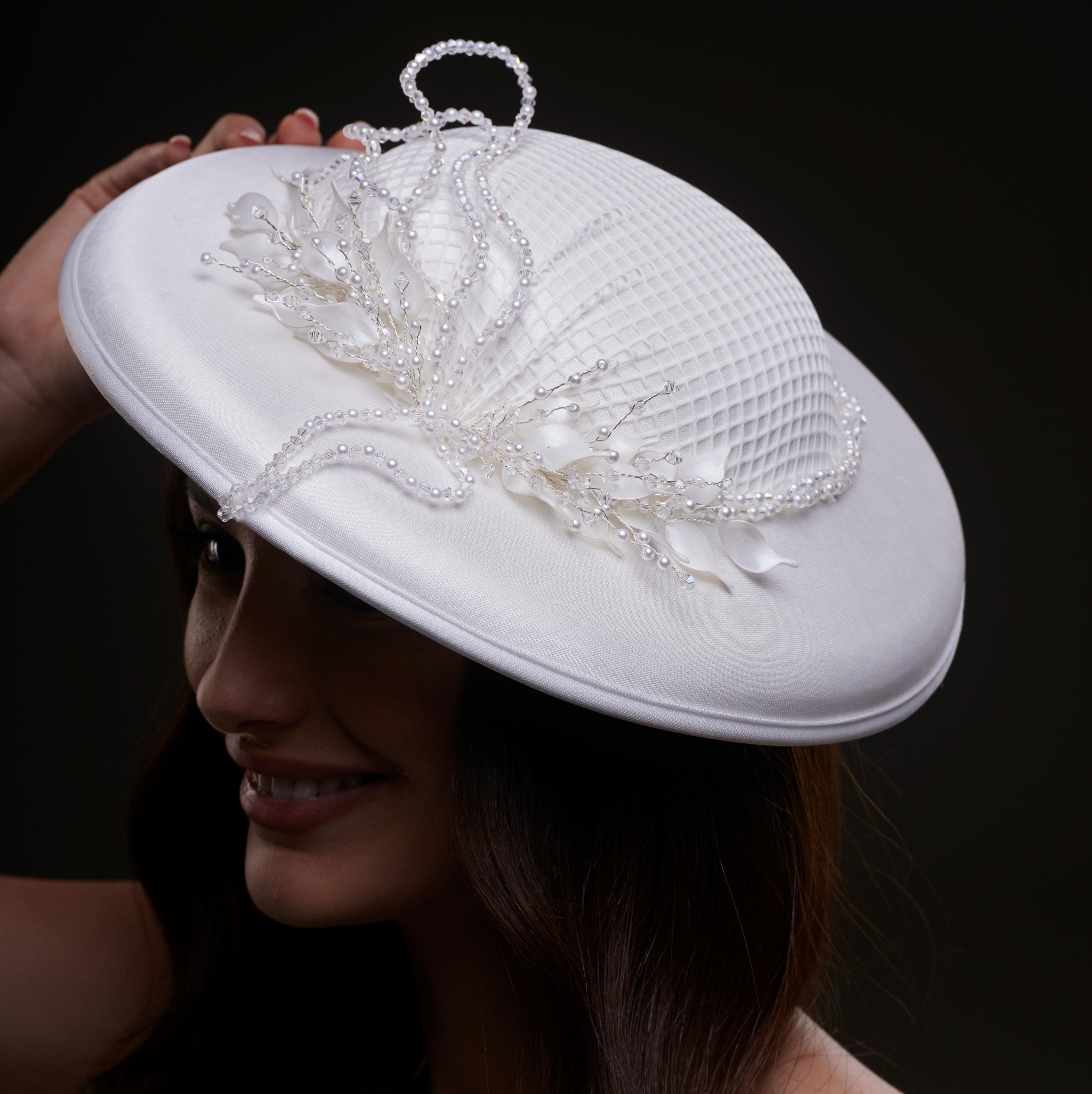 Elegant White Bridal Hat with Beaded Flower Detail – Bridal Port