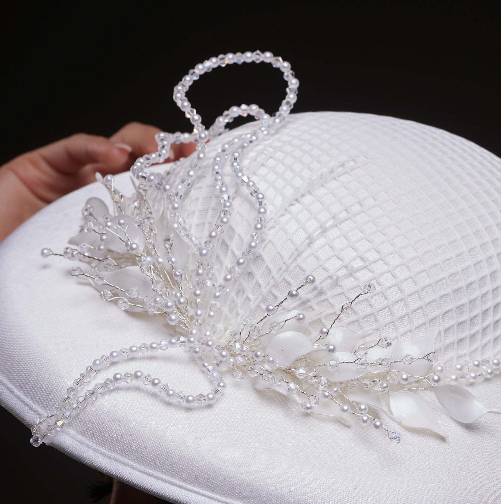 Elegant White Bridal Hat with Beaded Flower Detail – Bridal Port, view 4