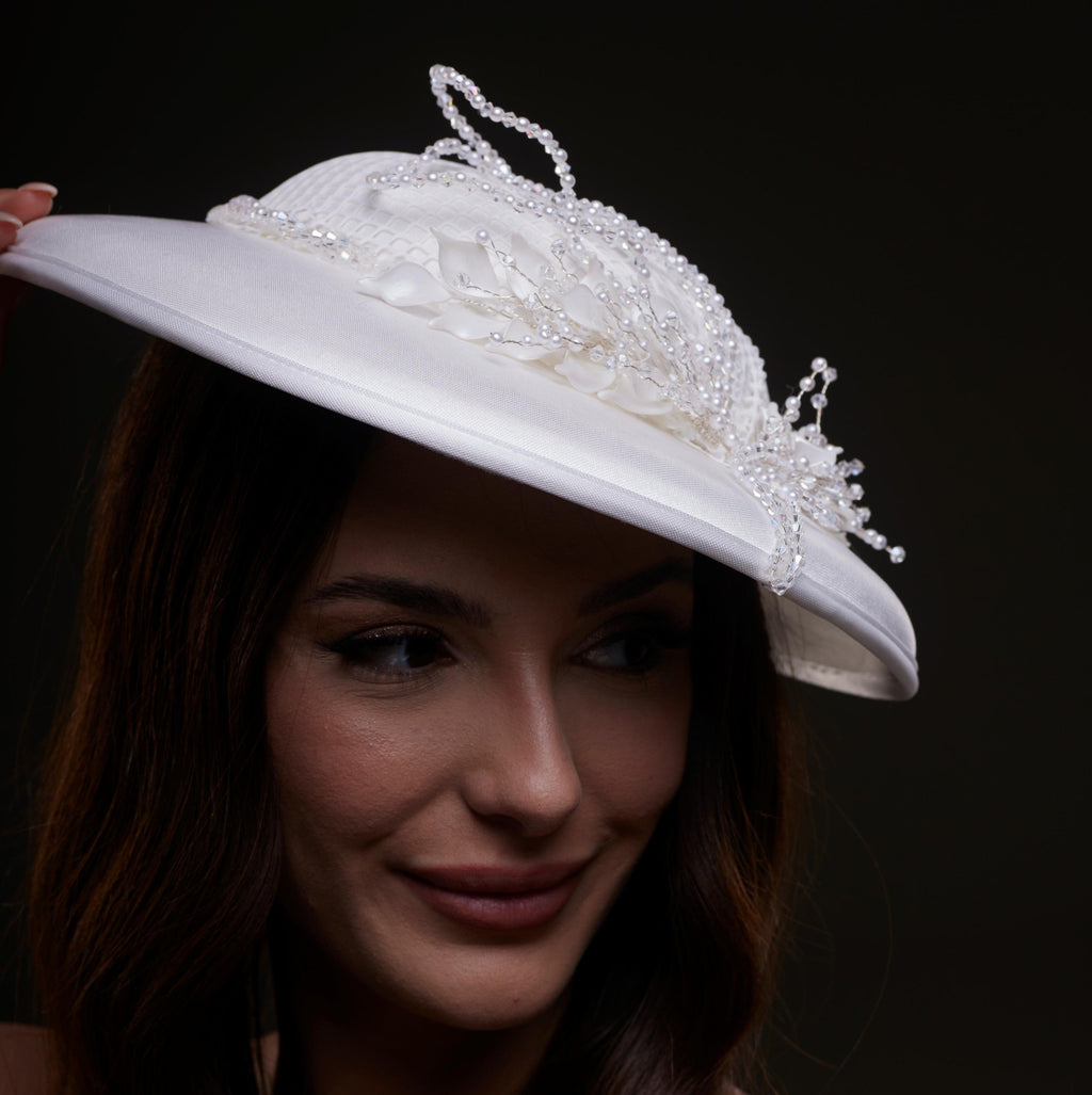 Elegant White Bridal Hat with Beaded Flower Detail – Bridal Port, view 3