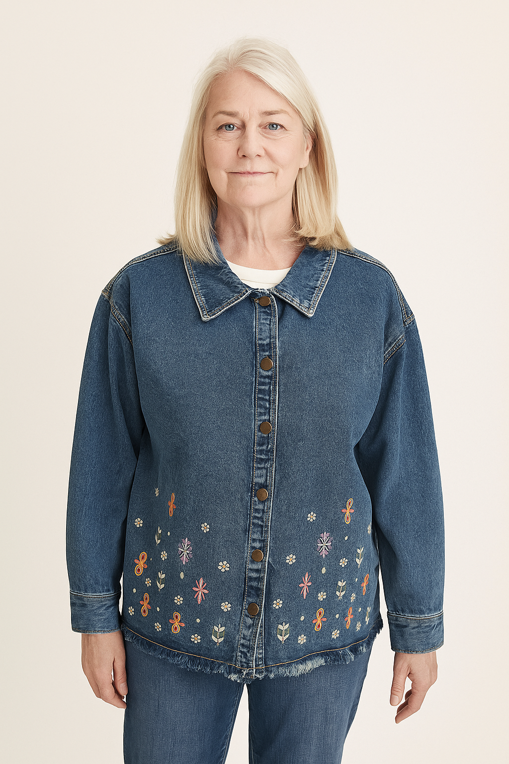 KADOU BOUTIQUE Embroidered Bloom Denim Jacket by Keren Hart — in-use photo
