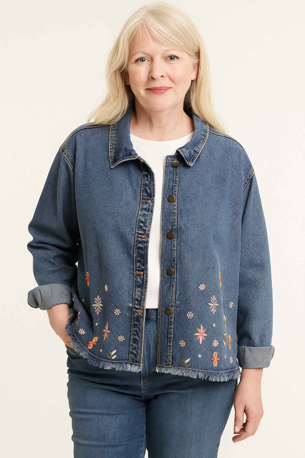 KADOU BOUTIQUE Embroidered Bloom Denim Jacket by Keren Hart — side view