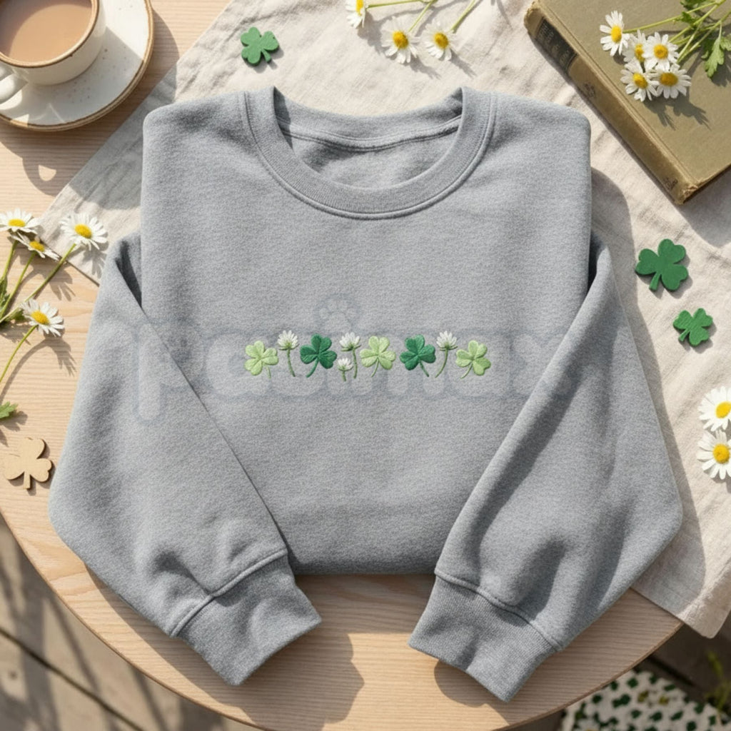 Pasimax Embroidered Shamrock Meadow Crewneck – St. Patrick’s Day Lucky Four-Leaf Flower Sweatshirt — main product shot