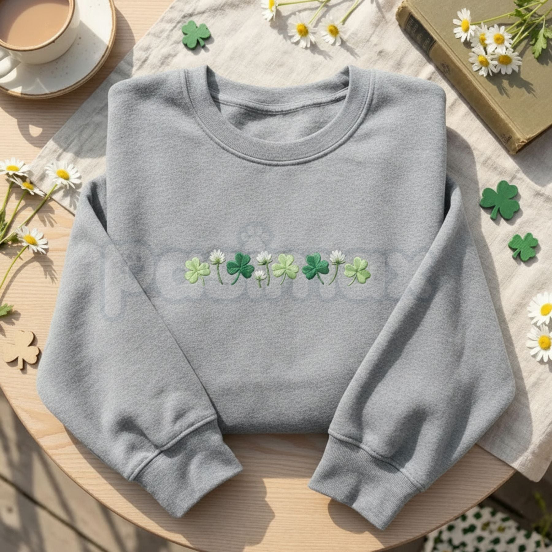 Pasimax Embroidered Shamrock Meadow Crewneck – St. Patrick’s Day Lucky Four-Leaf Flower Sweatshirt — main product shot