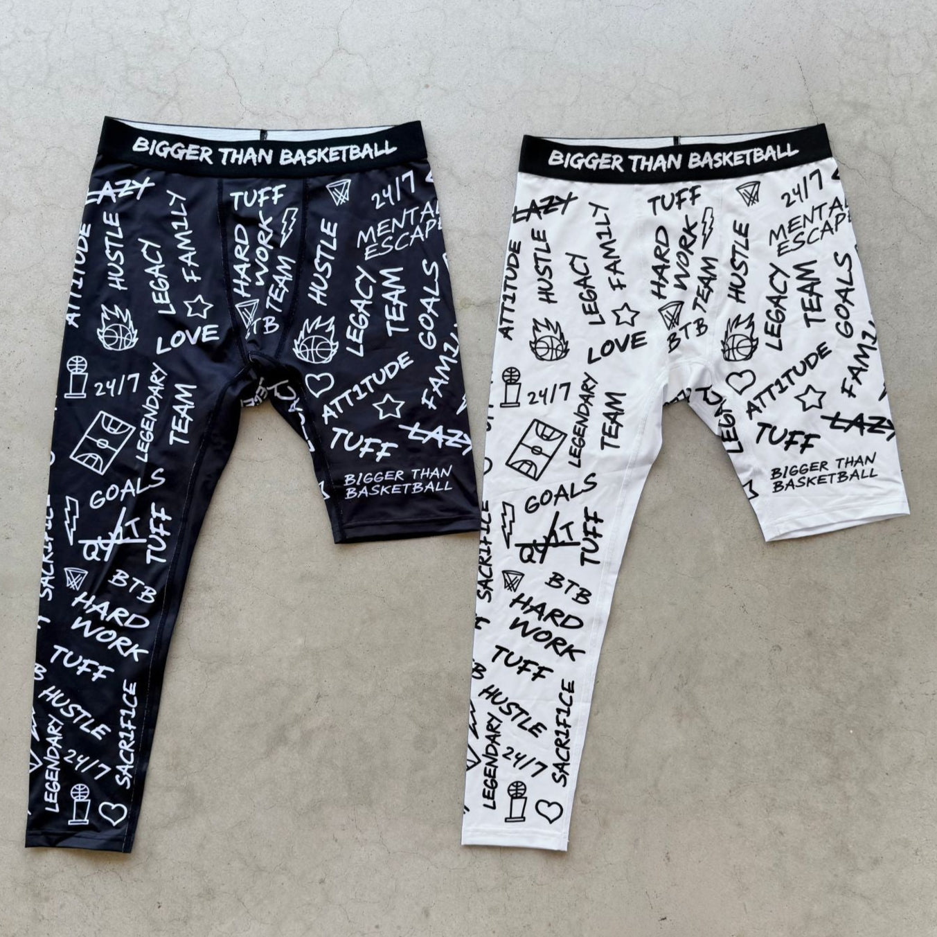 Bigger Than Basketball Emotions - Single-Leg Compression Tights - Right - Black — Bigger Than Basketball branding close-up