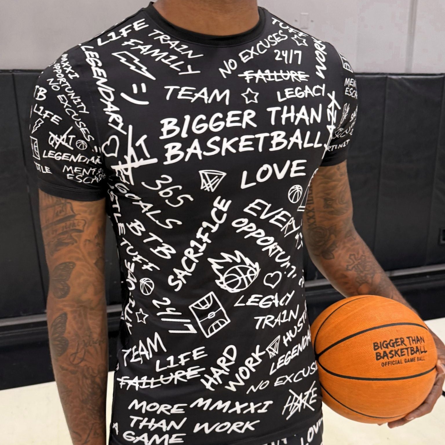 Bigger Than Basketball Emotions - Performance Compression T-Shirt - Black — Bigger Than Basketball branding close-up