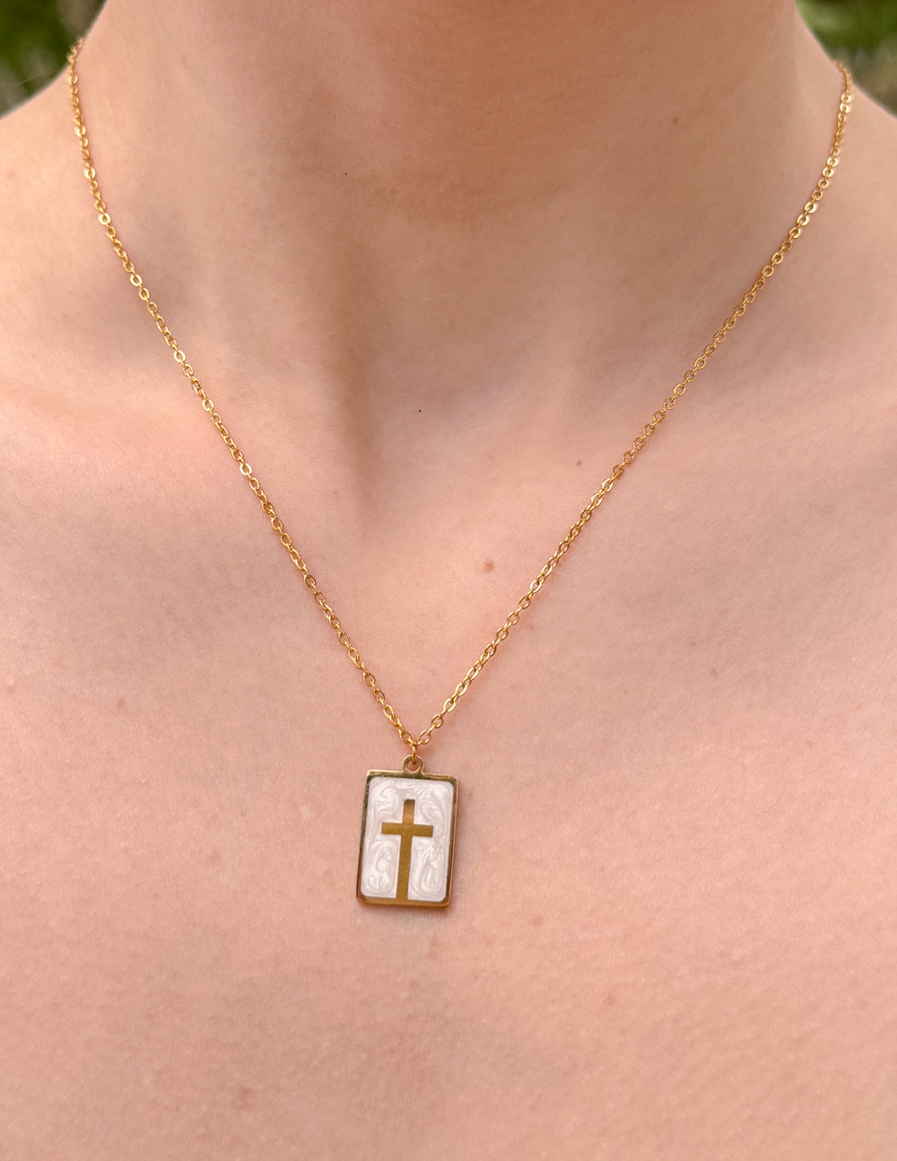Elevated Faith Enamel Cross Necklace — detail close-up