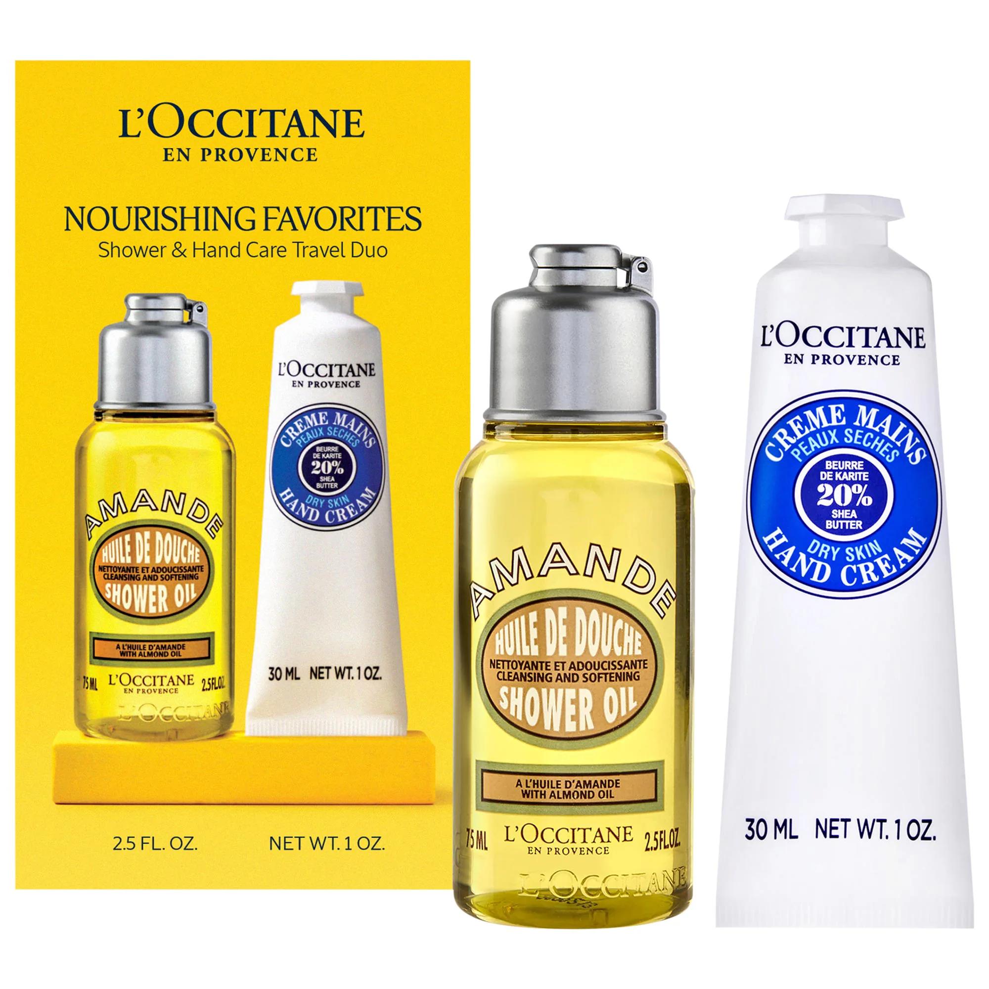 L'Occitane Hand and Body Care Nourishing Travel Favorites Kit: Hydrating Almond Shower Oil & Shea Butter Hand Cream for Dry Skin