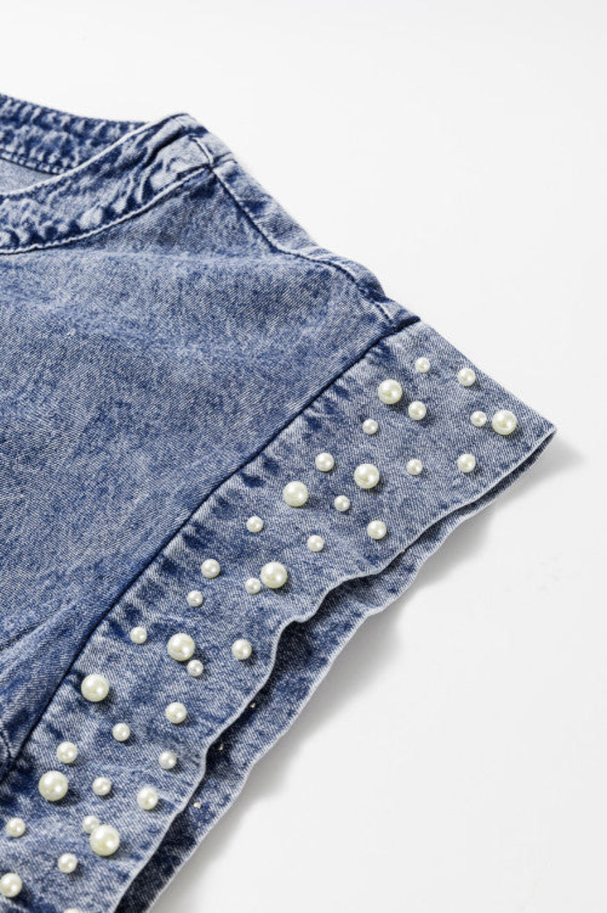 Pretty Little Patriot Pretty Little Patriot Pearl Embellished Denim Top — Pretty Little Patriot branding close-up