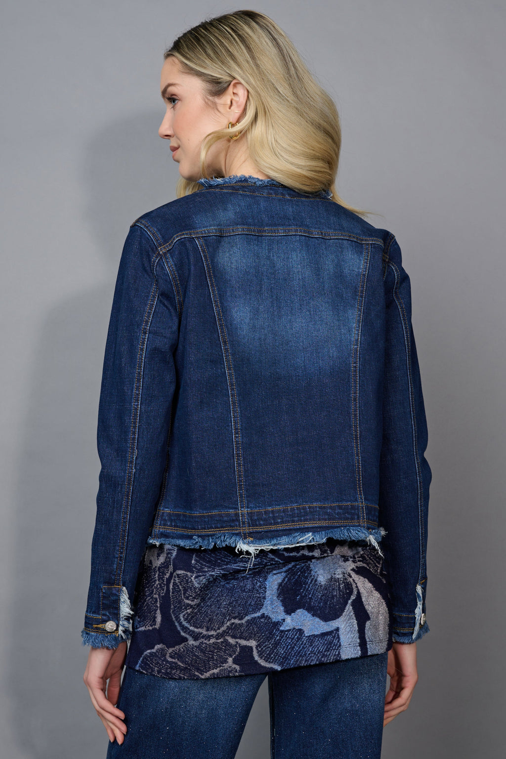 KADOU BOUTIQUE Collarless Frayed Edge Denim Jacket by Picadilly Canada — detail close-up