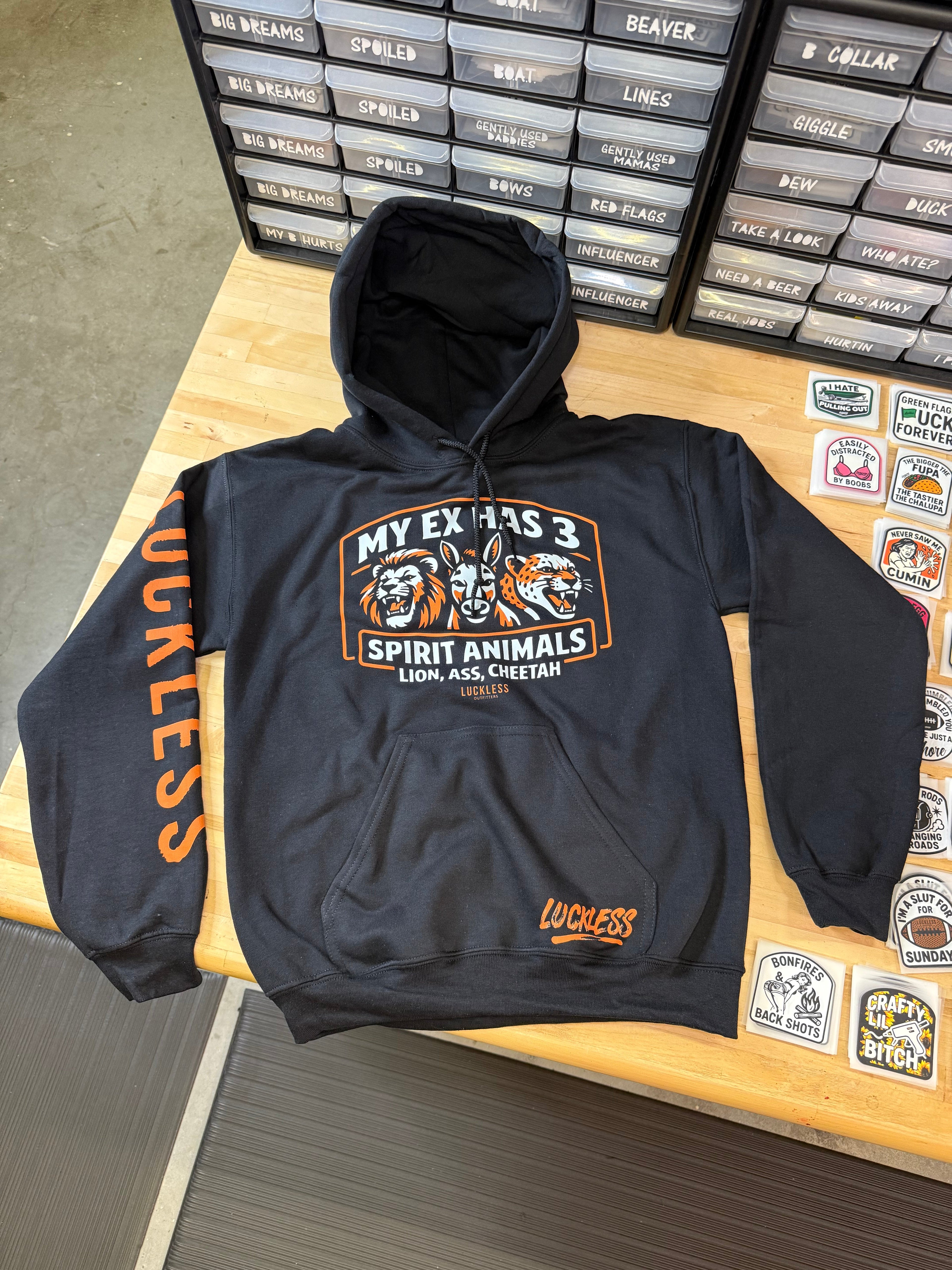 Luckless Outfitters My Ex Has 3 Spirit Animals Hoodie — side view
