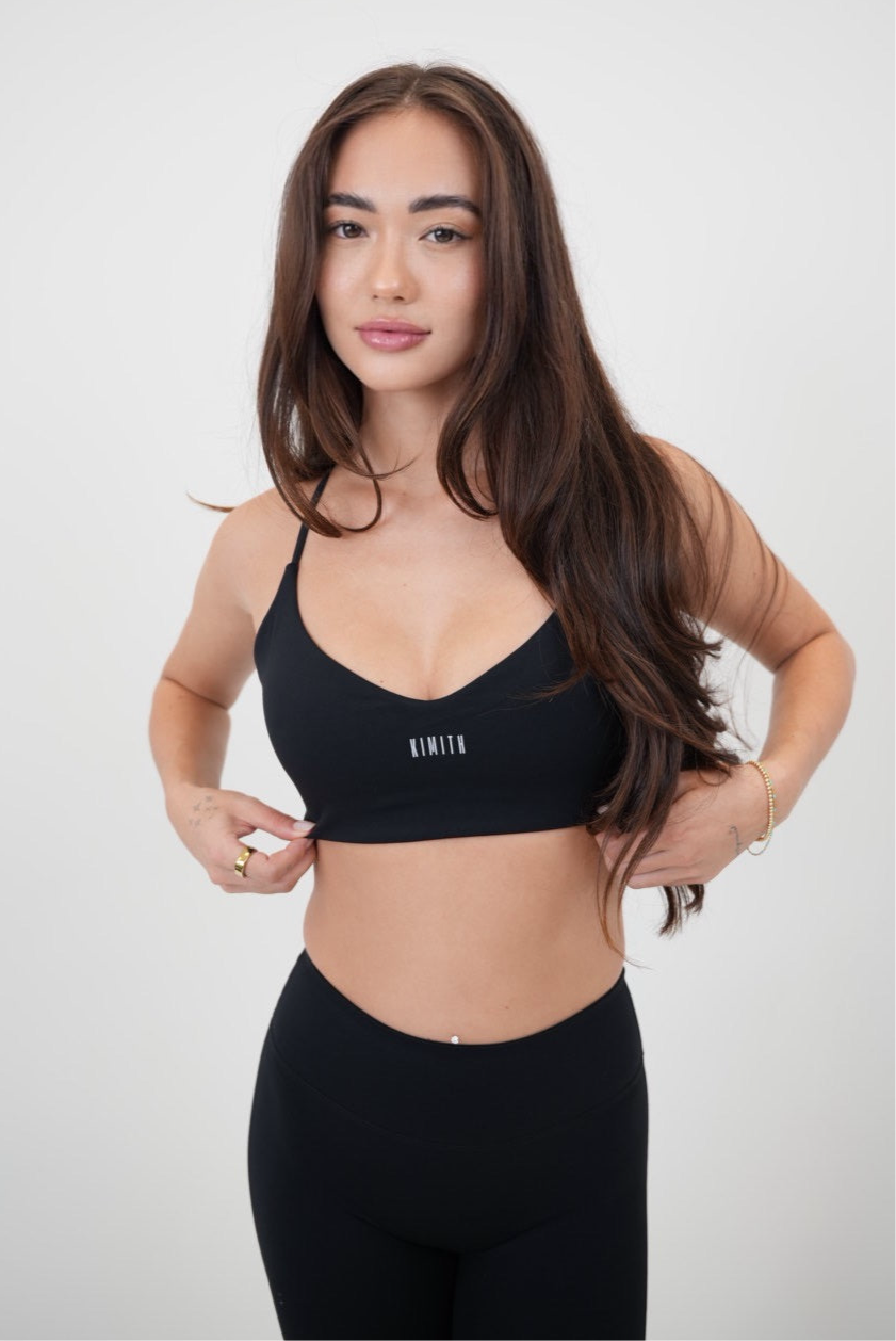 KIMITH BRAND I Live in Luxury Black Sports Bra — detail close-up