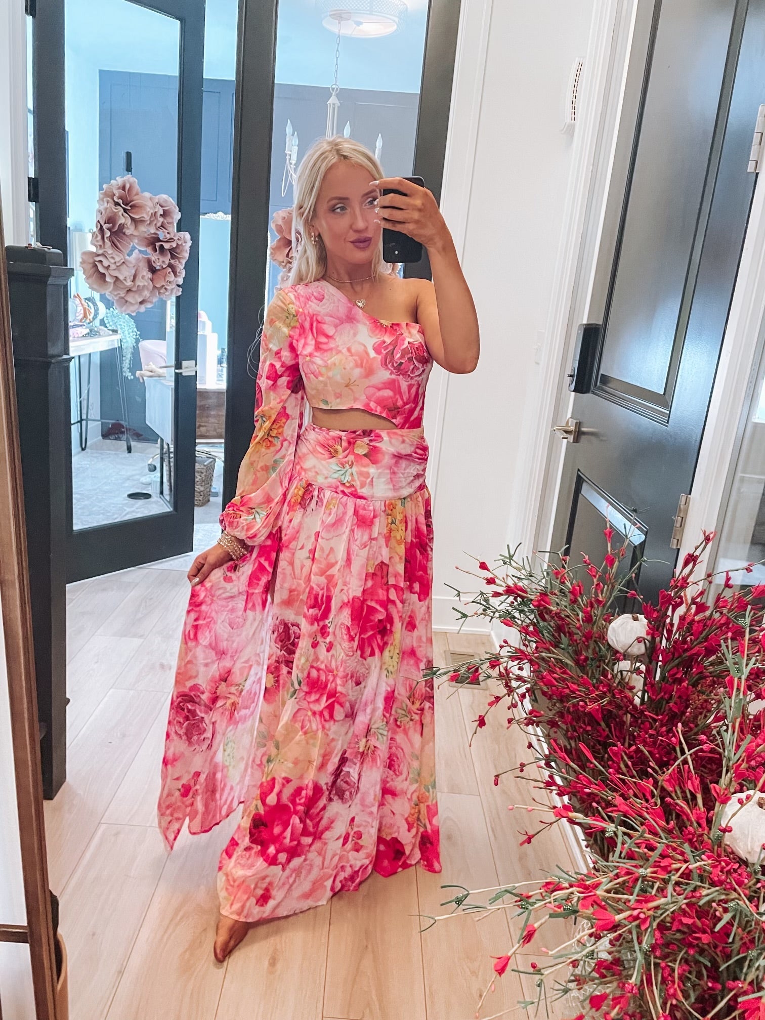 Pretty Little Patriot Pretty Little Patriot Floral Pink Maxi Dress — Pretty Little Patriot branding close-up