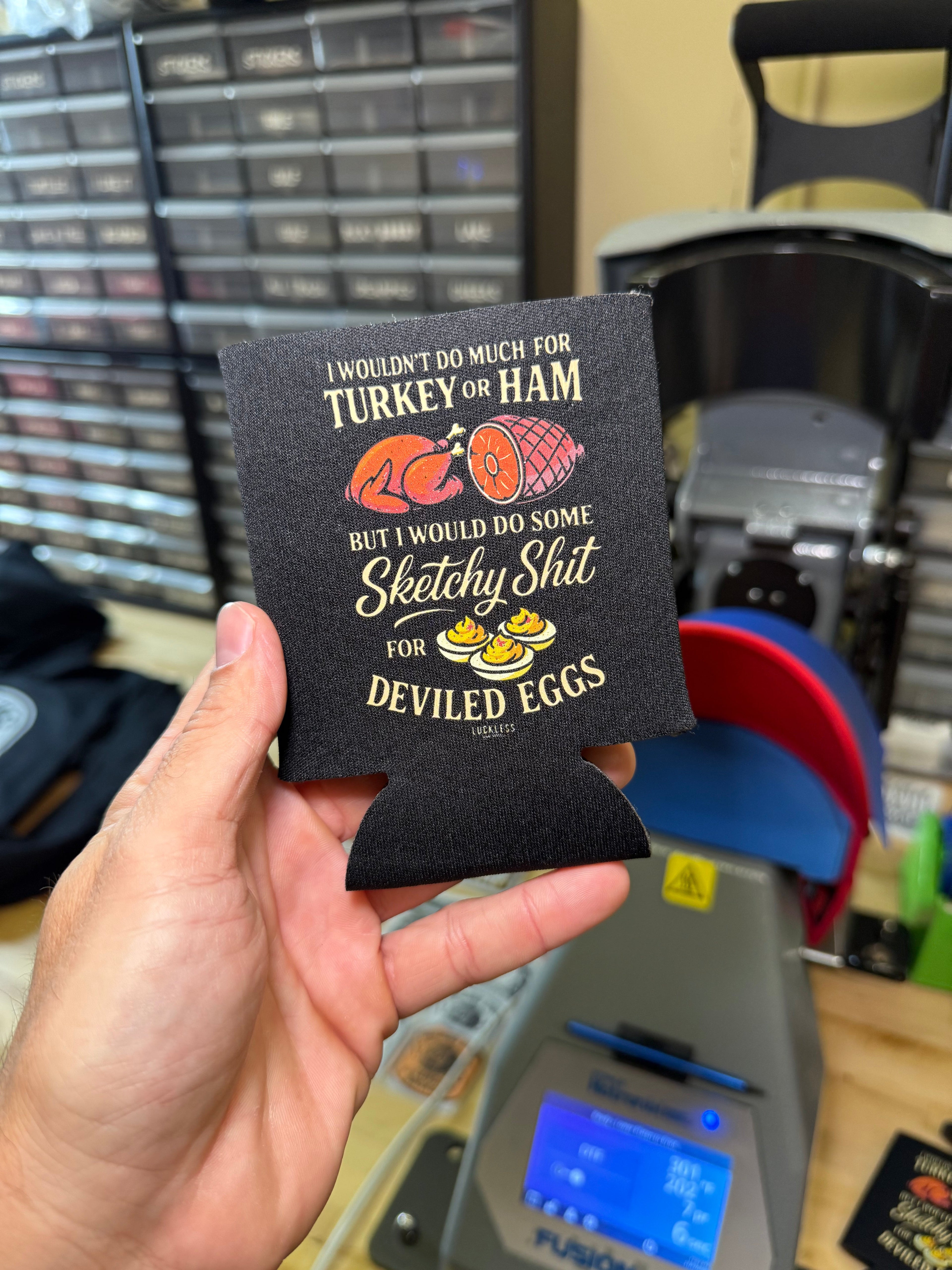 Luckless Outfitters Sketchy For Deviled Eggs Koozie — detail close-up
