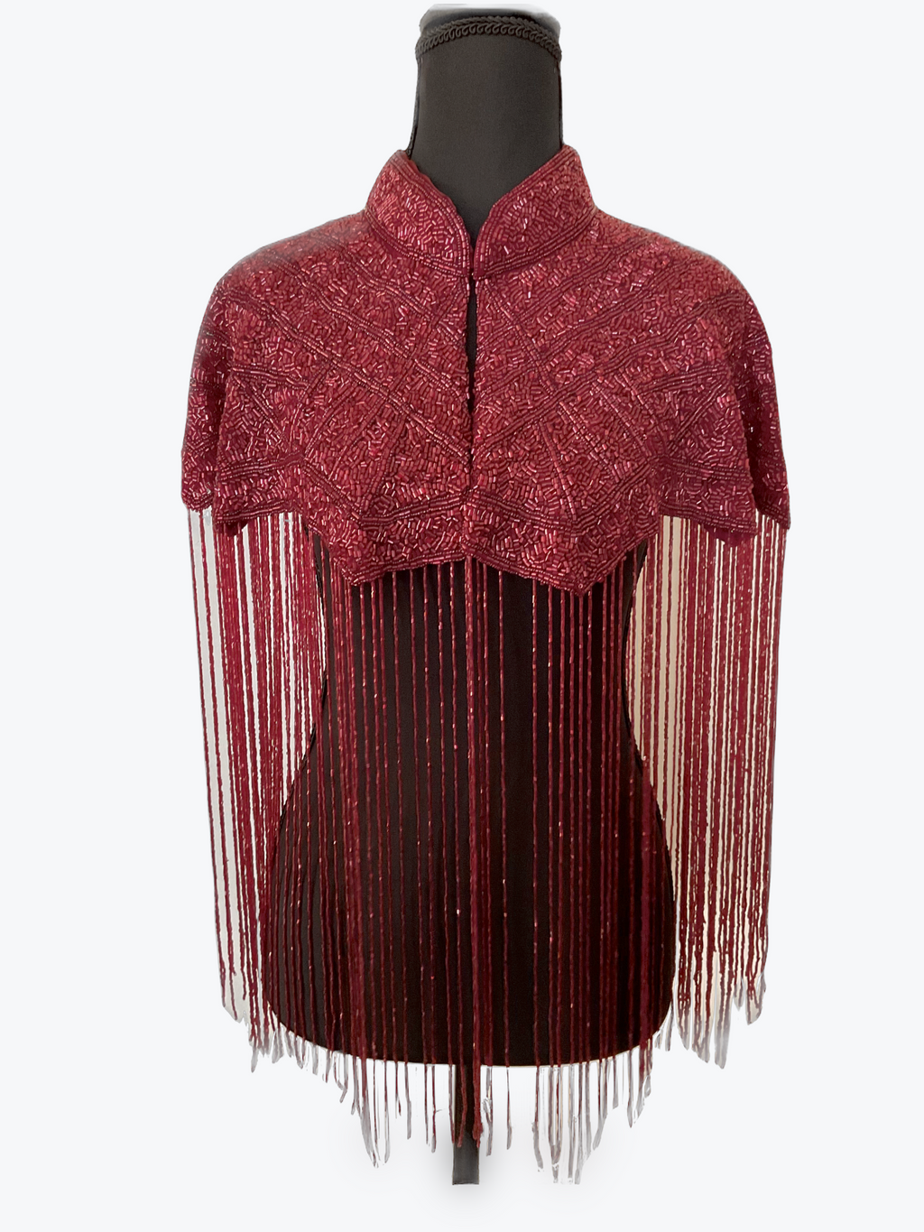 L'Jai Amor Bordeaux Fringe Cape — detail close-up