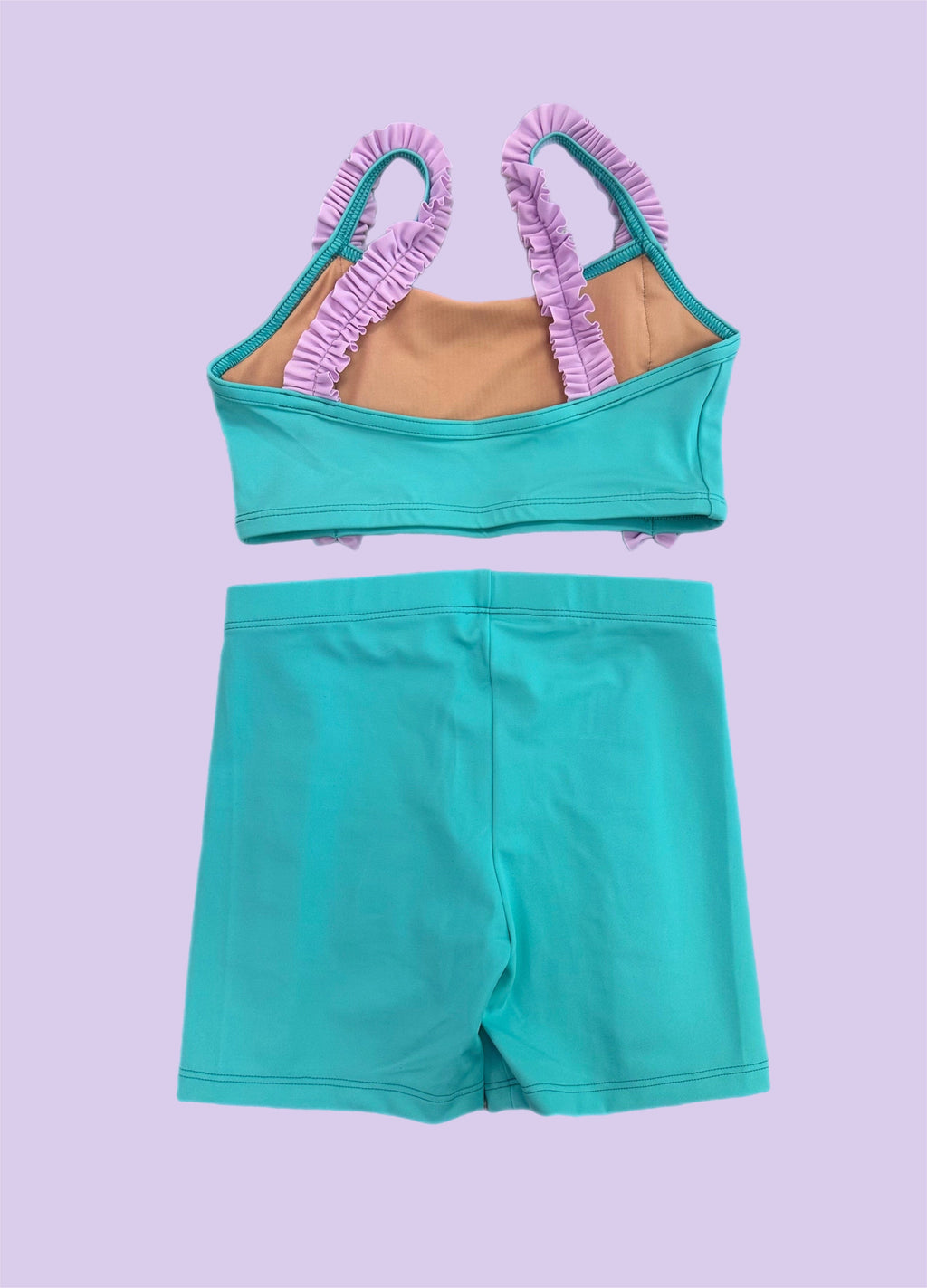 Tightspot Dancewear Center Custom Made Mint & Lilac Ruffle Short Set — back view