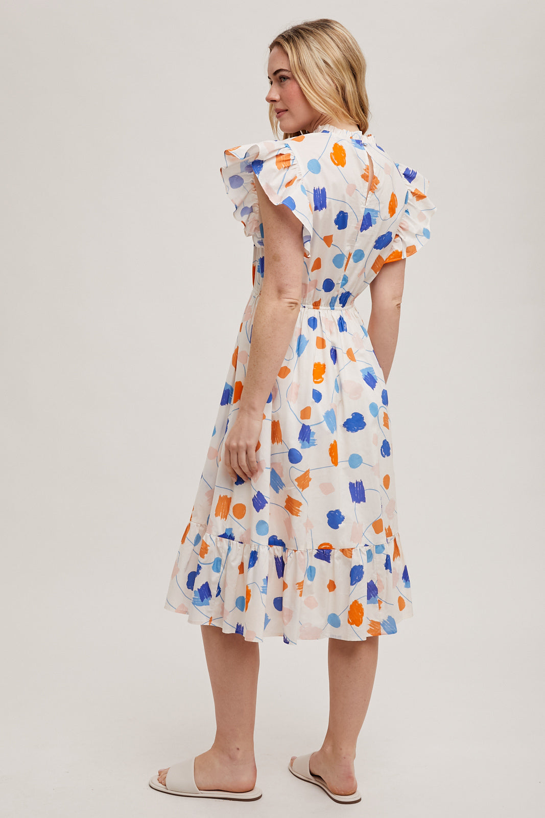 KADOU BOUTIQUE Geo Print Ruffle Sleeve Dress — lifestyle context