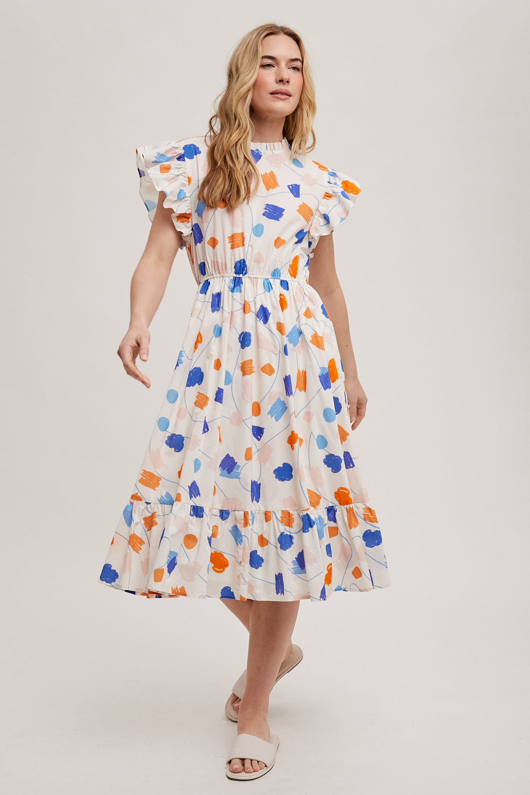 KADOU BOUTIQUE Geo Print Ruffle Sleeve Dress — detail close-up