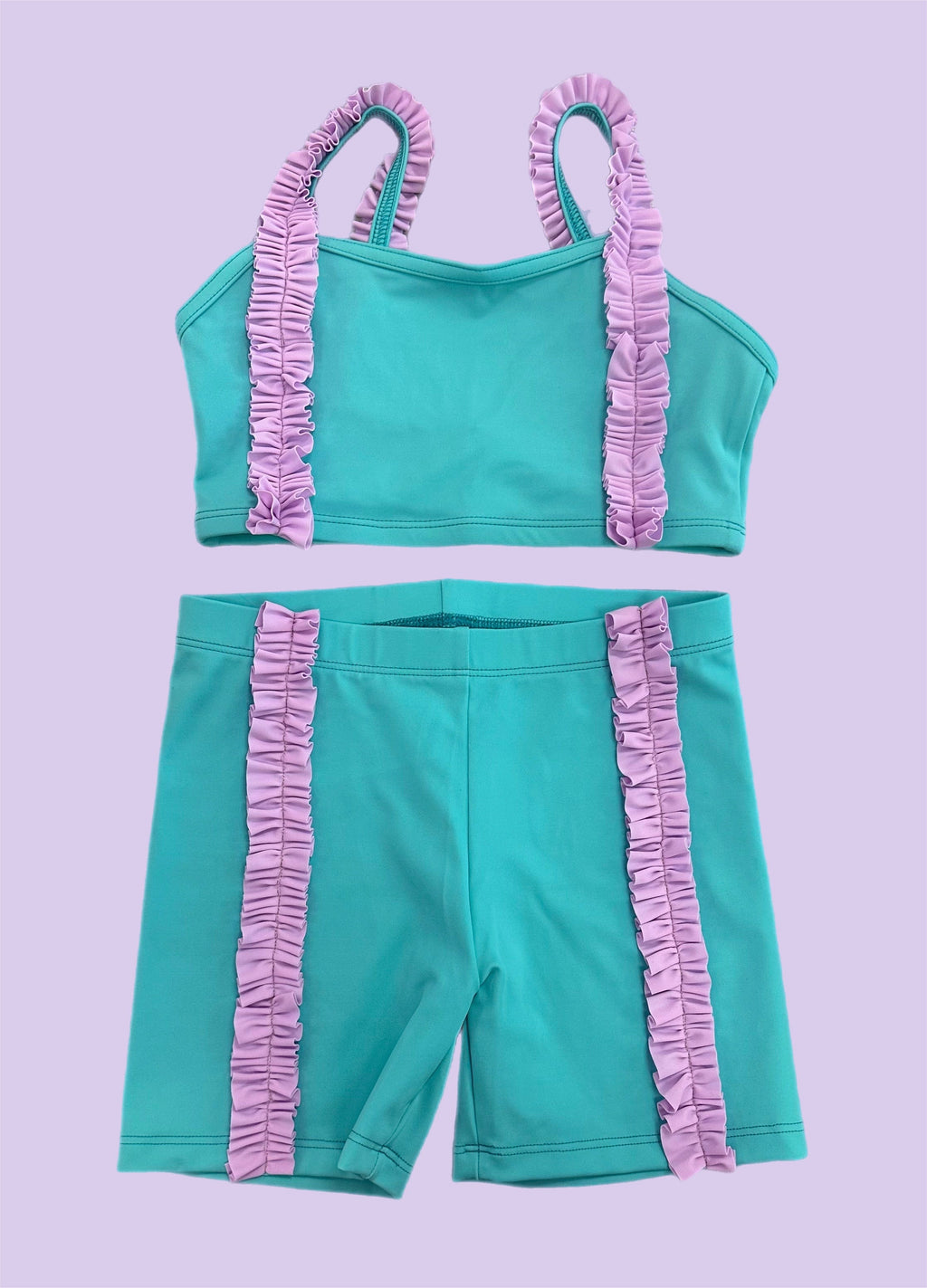 Tightspot Dancewear Center Custom Made Mint & Lilac Ruffle Short Set — lifestyle context