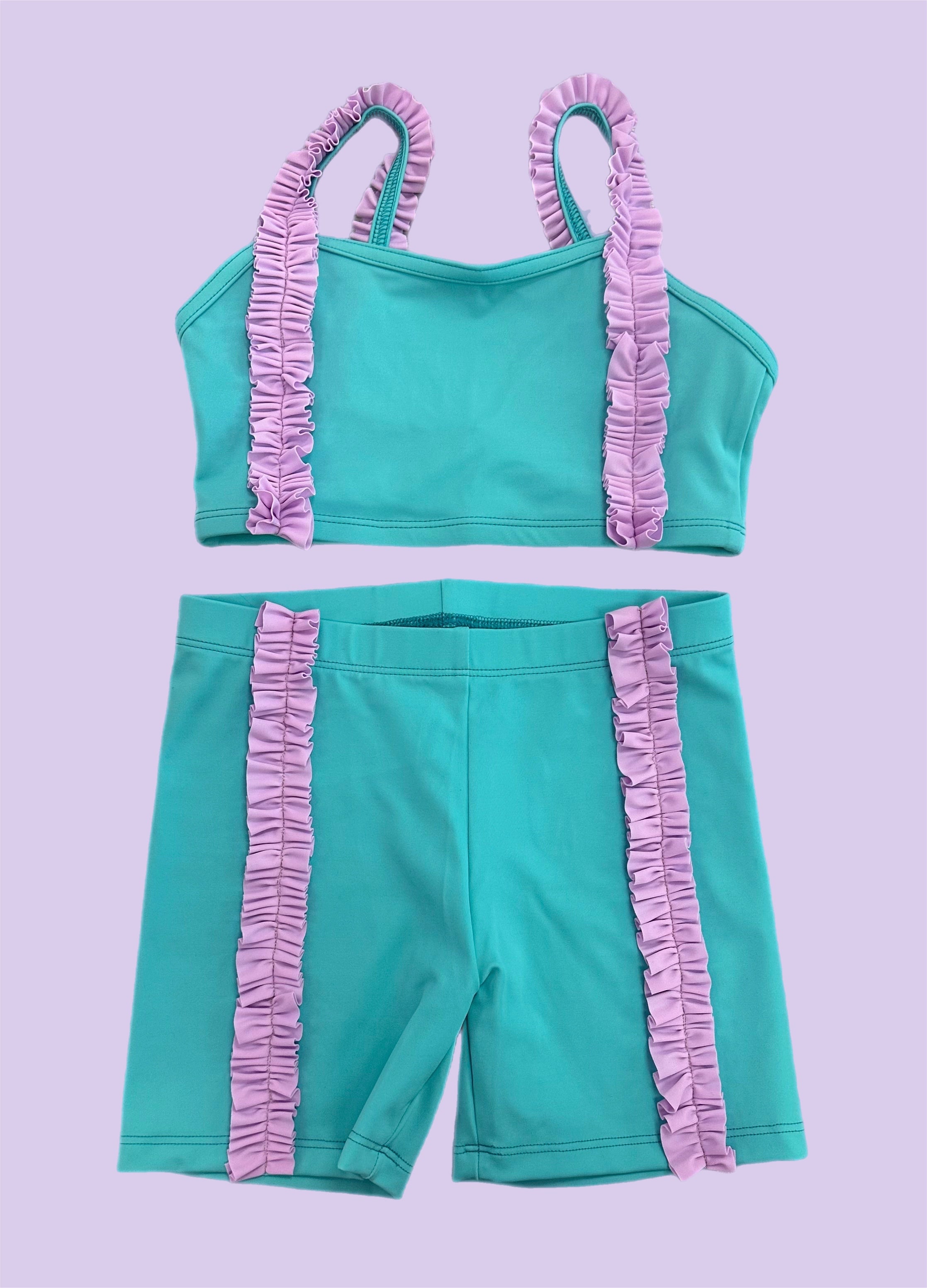 Tightspot Dancewear Center Custom Made Mint & Lilac Ruffle Short Set — lifestyle context