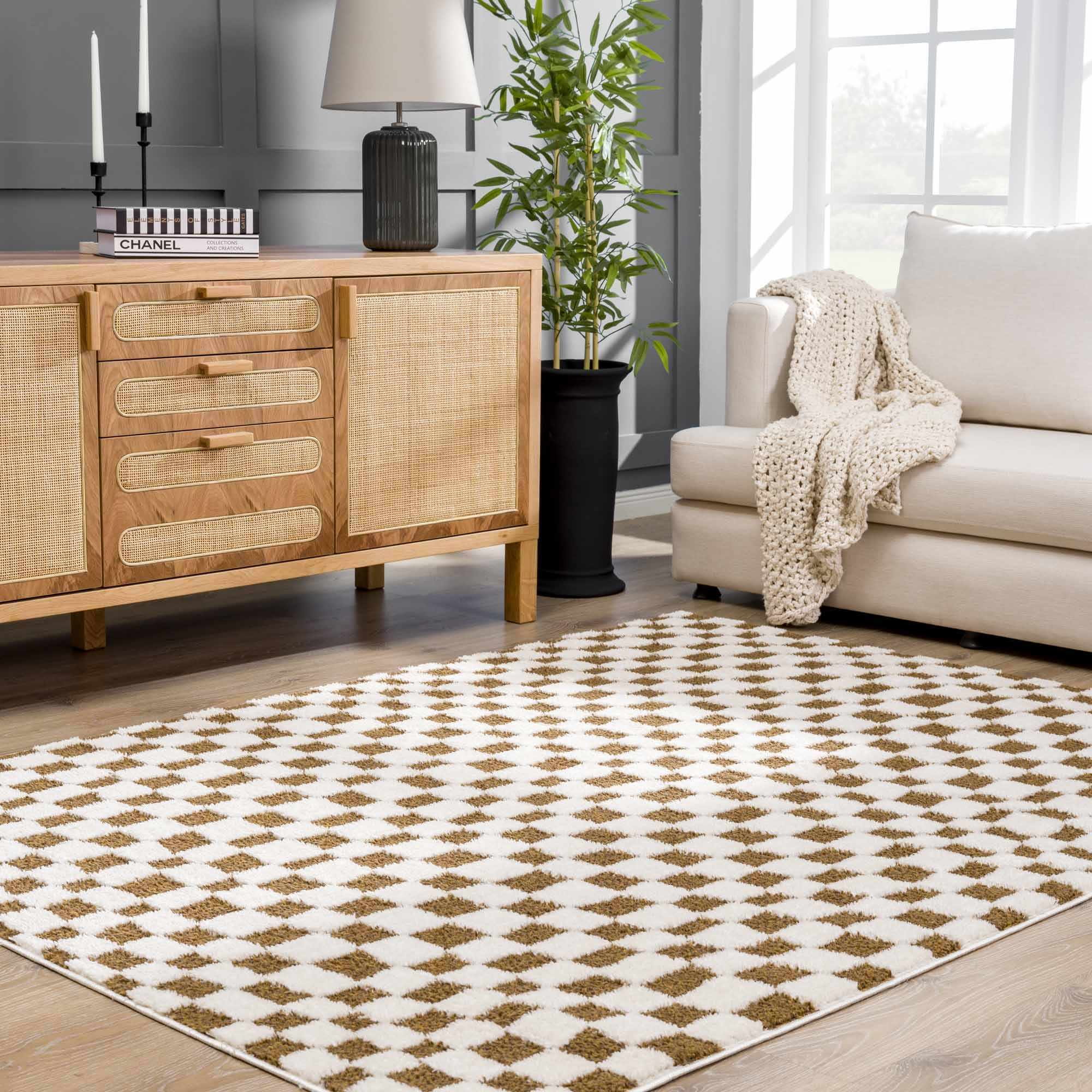 Lajos Brown Checkered Shag Rug - Clearance – Boutique Rugs, view 2