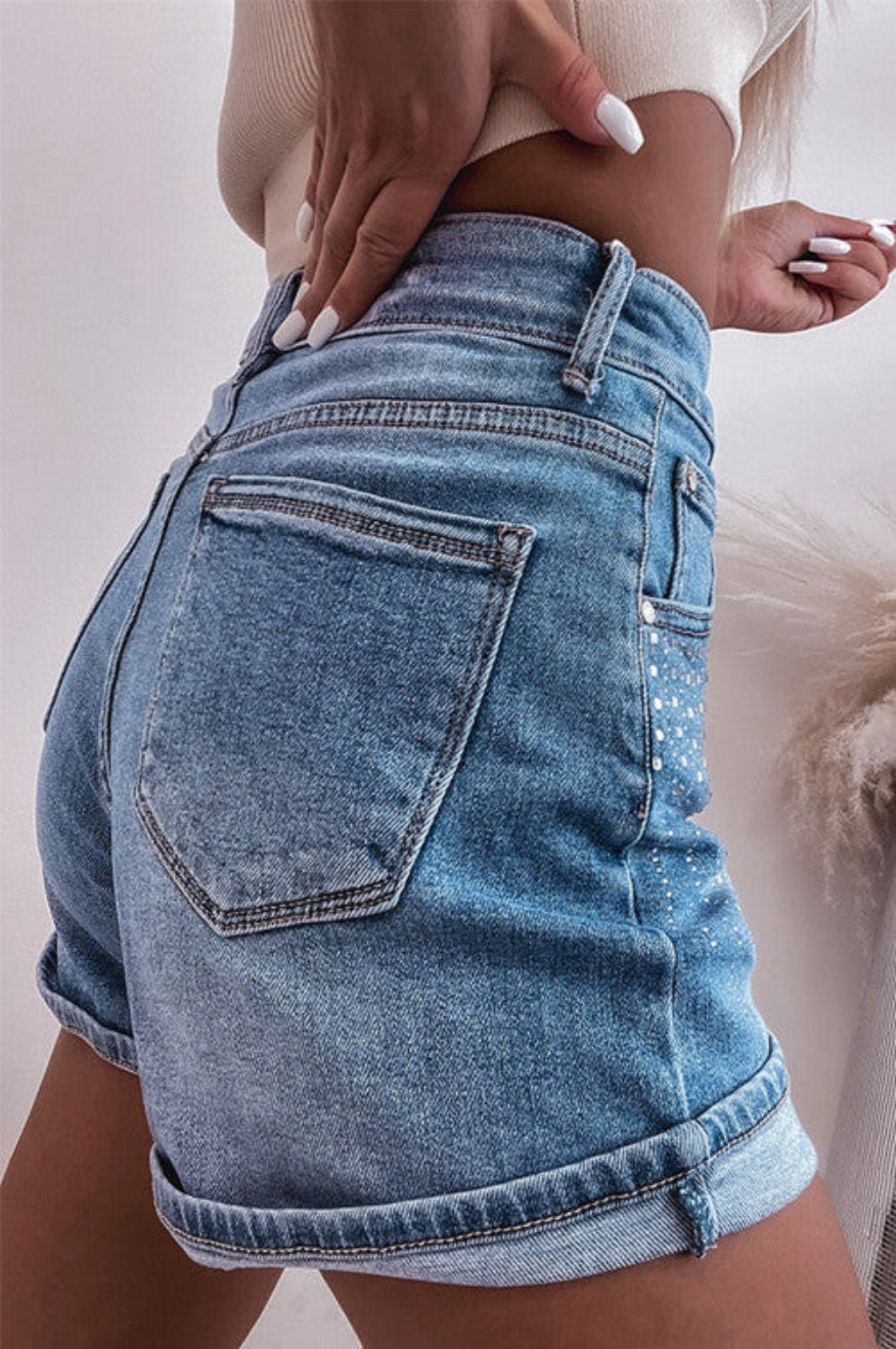 Pretty Little Patriot Pretty Little Patriot Rhinestone Denim Shorts — lifestyle worn / used context