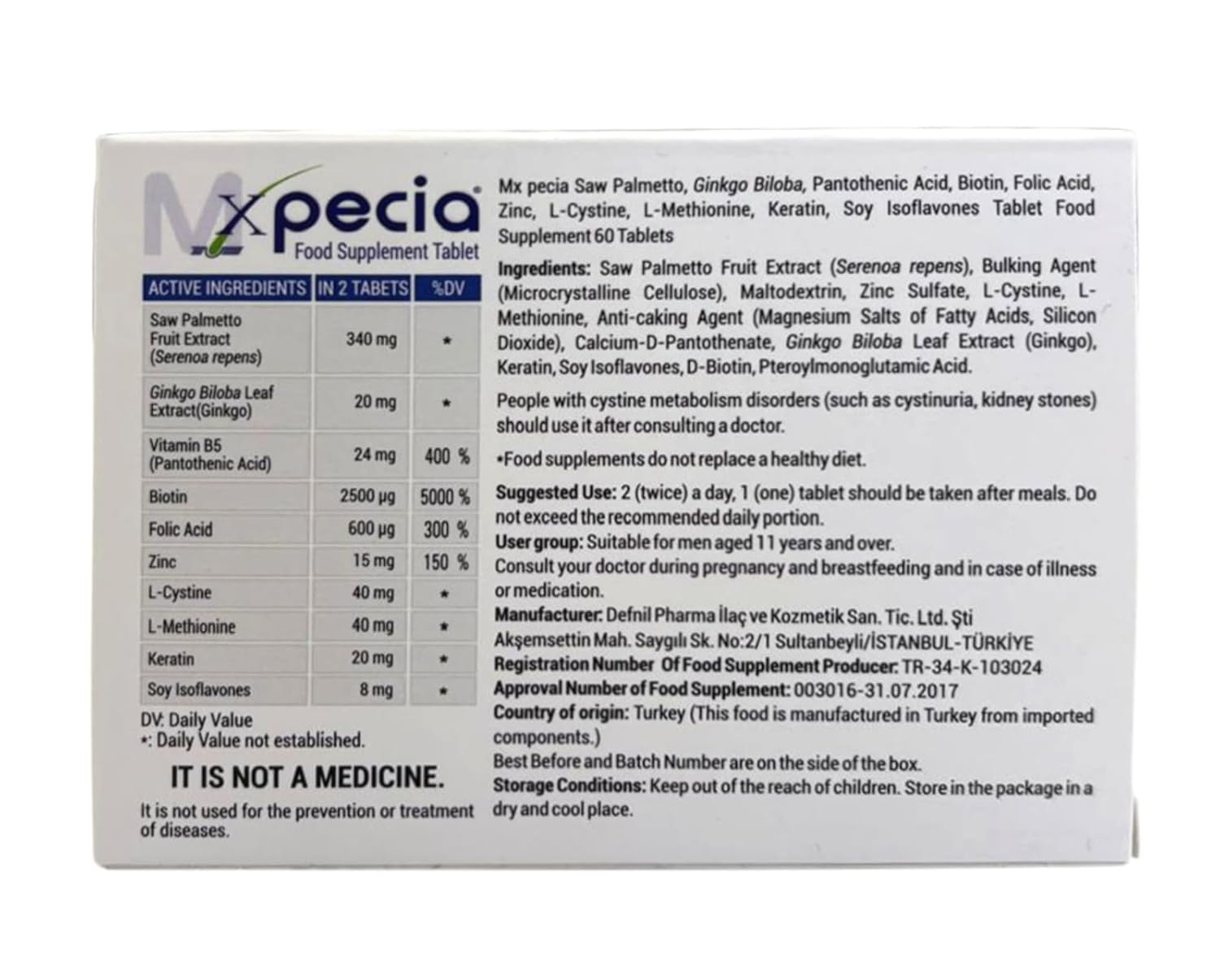 Xpecia For Men 60 Tablets - Hair Health Supplement | Men's Health