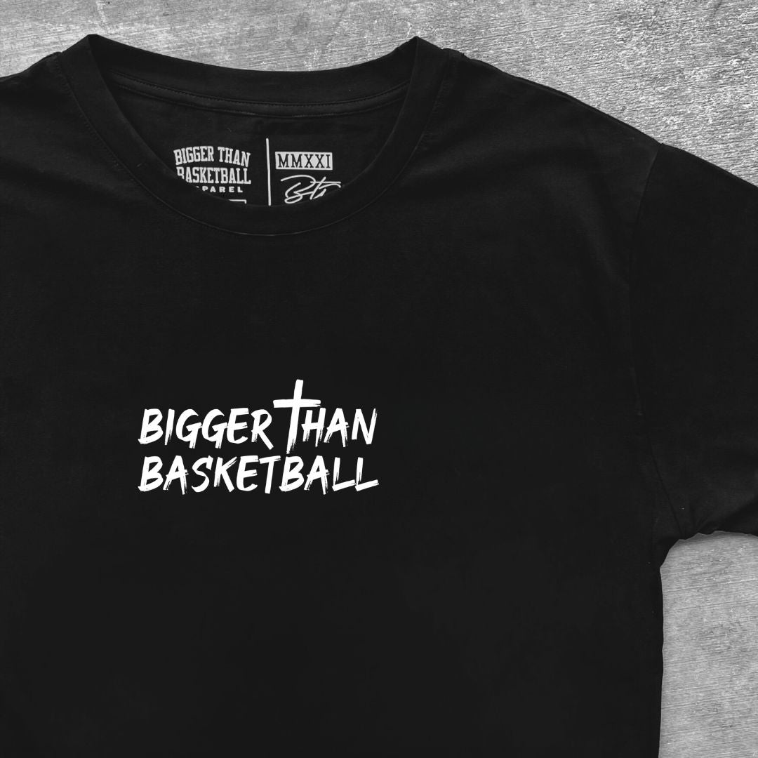 Bigger Than Basketball Hooper of God - T-Shirt - Black — Bigger Than Basketball branding close-up