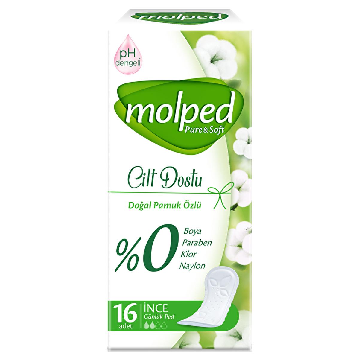 Molped Pure & Soft Daily Sanitary Pads - Natural, Hypoallergenic, pH Balanced - 16 Count
