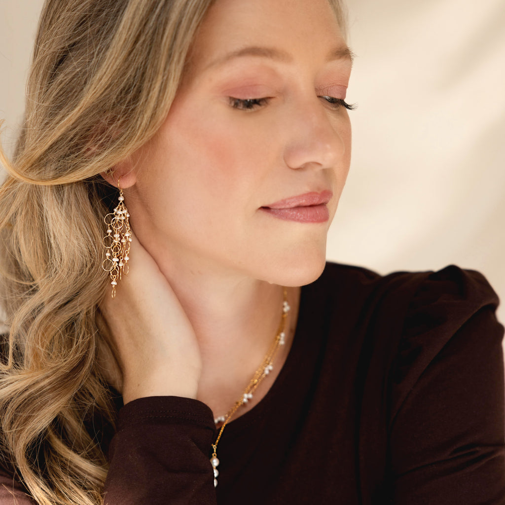 PARKEN JEWELRY Pearl Gold Chain Loop Earrings — detail close-up