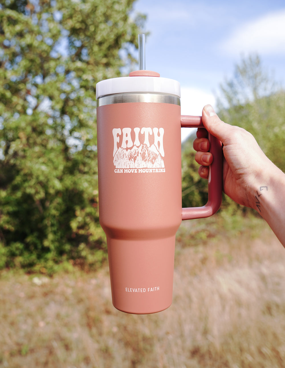 Elevated Faith Faith Can Move Mountains 40 oz Tumbler — detail close-up