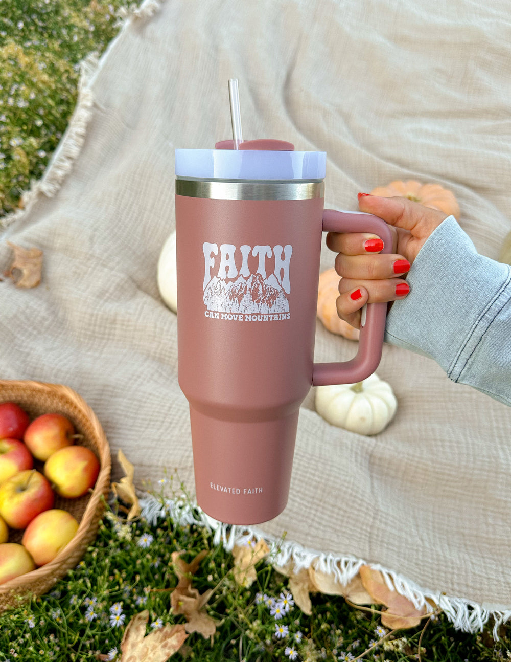 Elevated Faith Faith Can Move Mountains 40 oz Tumbler — in-use photo
