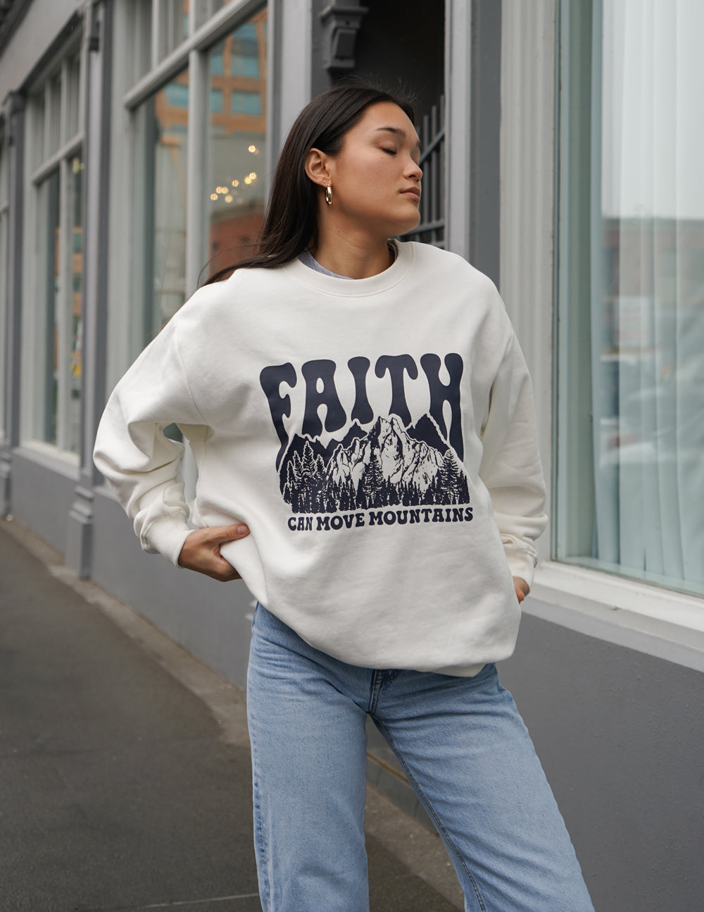 Elevated Faith Faith Can Move Mountains Unisex Crewneck — detail close-up
